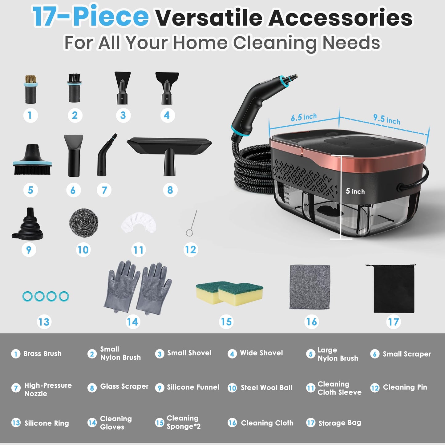 Steam Cleaner, 6-Level Adjustable Steam, 15s Heat-Up, 1250ML Tank, 7ft Extended Hose, Portable Steamer for Cleaning with 18 pcs Accessories for Home for Dirt, Grease, Grout, Tile, Floor, Car