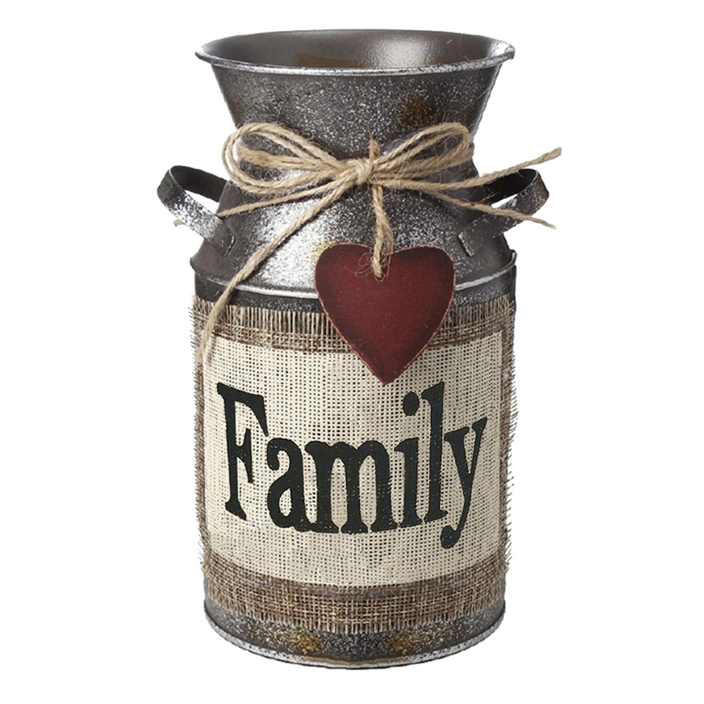 HIDERLYS 7.5" High Rustic Decorative Vase with Greetings and Rope Design, Metal Milk Can Country Jug for Living Room, Bedroom, Kitchen(Family)