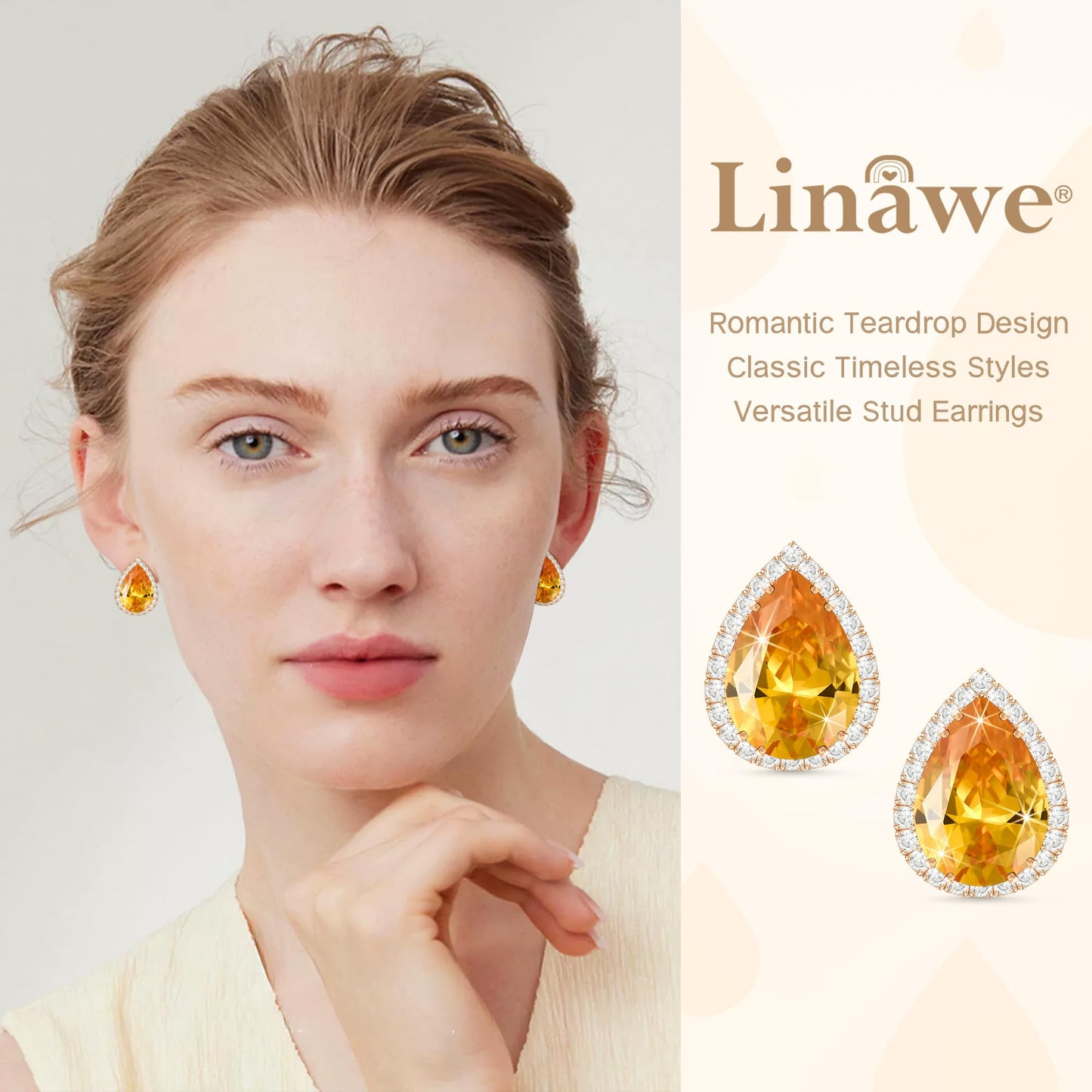 Linawe Yellow Orange Imitation Diamond Stud Earrings for Women, Rose Gold Citrine Crystal Cubic Zirconia Teardrop Rhinestone Earrings Studs, Wedding Bridal Bridesmaid Jewelry