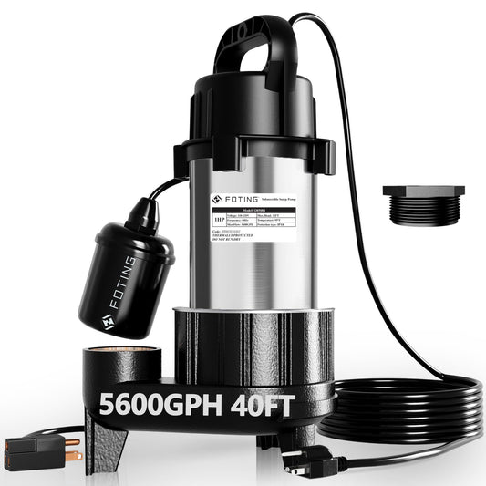 FOTING Sump Pump Submersible Sewage/Effluent Pump - Heavy Duty Cast Iron - 115V Septic Pump for Sump Basin/Residential/Sewage/Basement, 1HP 5600 GPH Sewage Pumps 2'' NPT