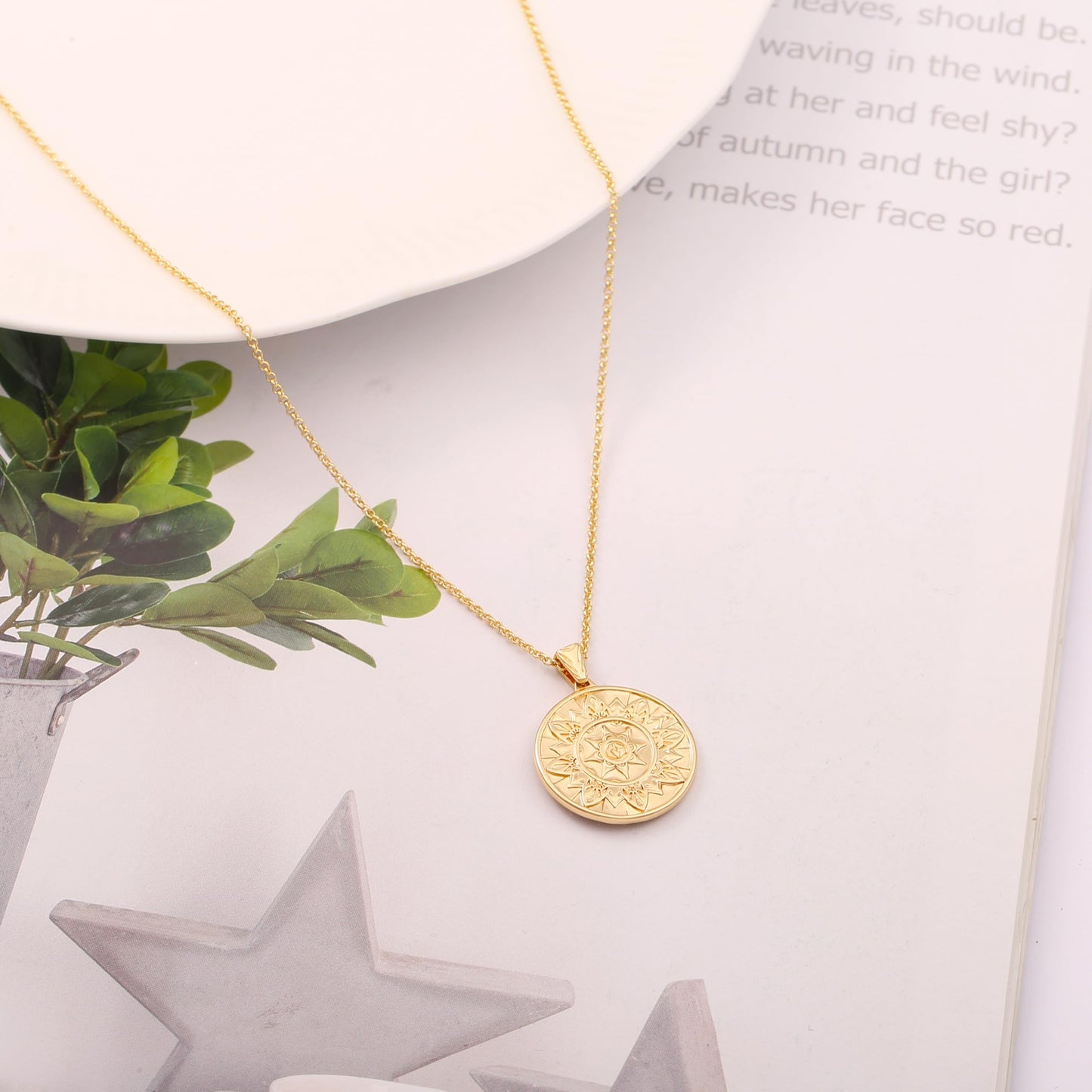 CANEVINKA 18K Gold Plate Compass Pendant Necklace for Women Dainty Sunflower Coin Necklaces Personalized Chain Layered Jewelry 18”/20”