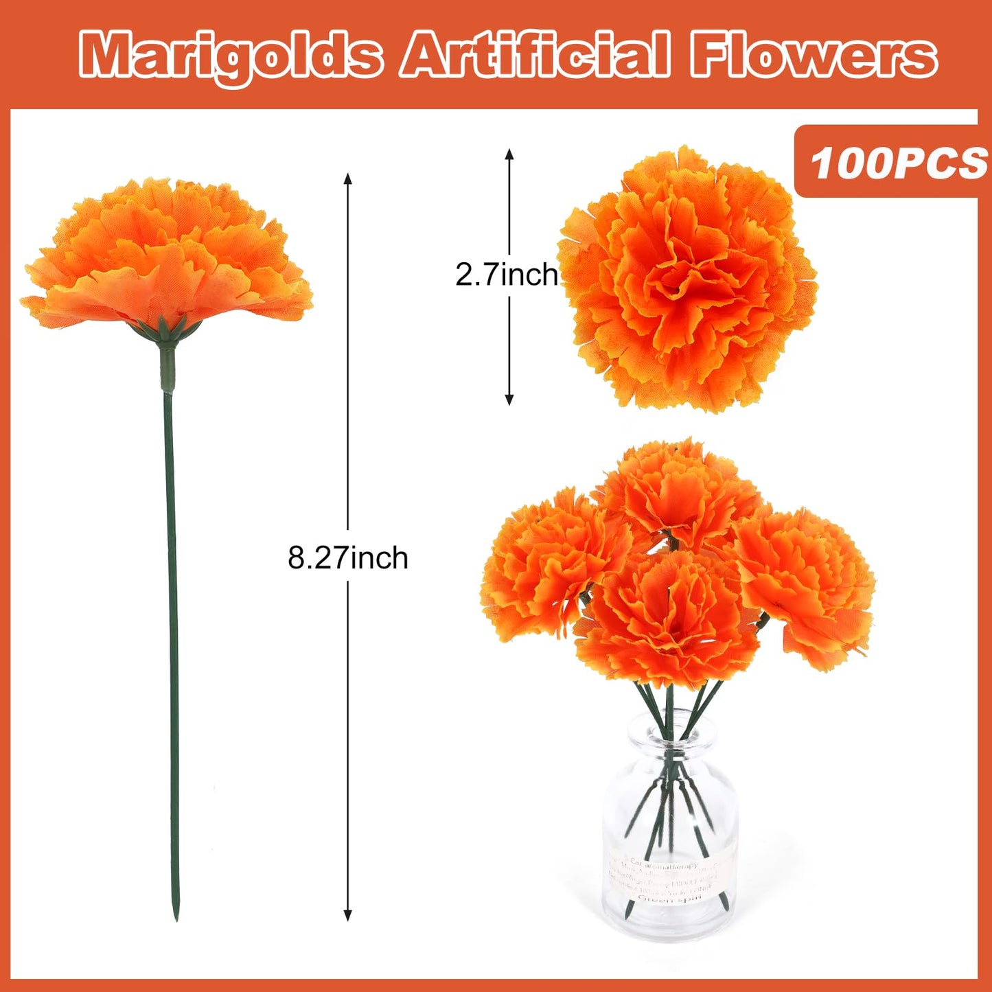 100PCS Marigold Flower Heads with Stems – Artificial Cempasuchil Flowers for Día de Los Muertos Altar, Day of The Dead Decorations, Halloween, Mexican Party, DIY Garland & Wreath Décor（Orange）