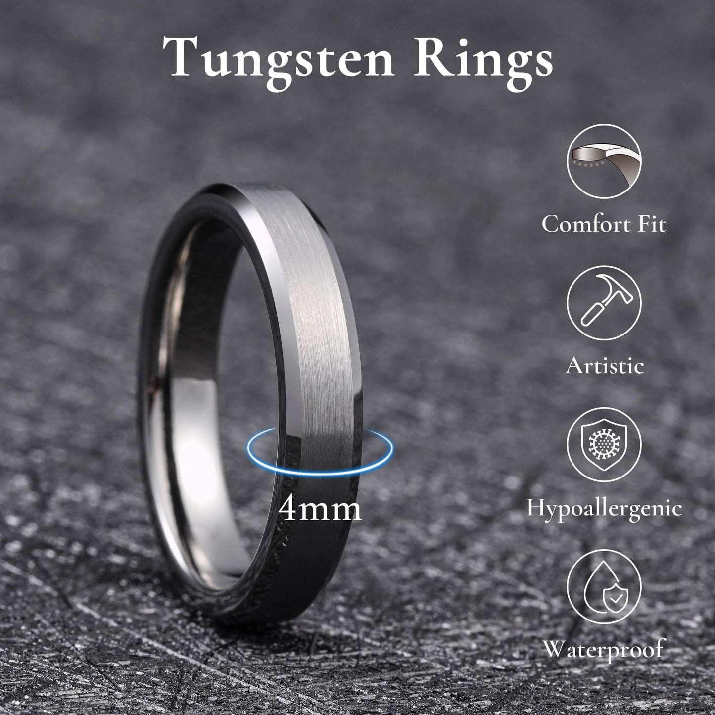 King Will Gunmetal Basic Tungsten Rings For Men 4mm Wedding Band Polished Edge Brushed Matte Promise Ring Comfort Fit, Size 8