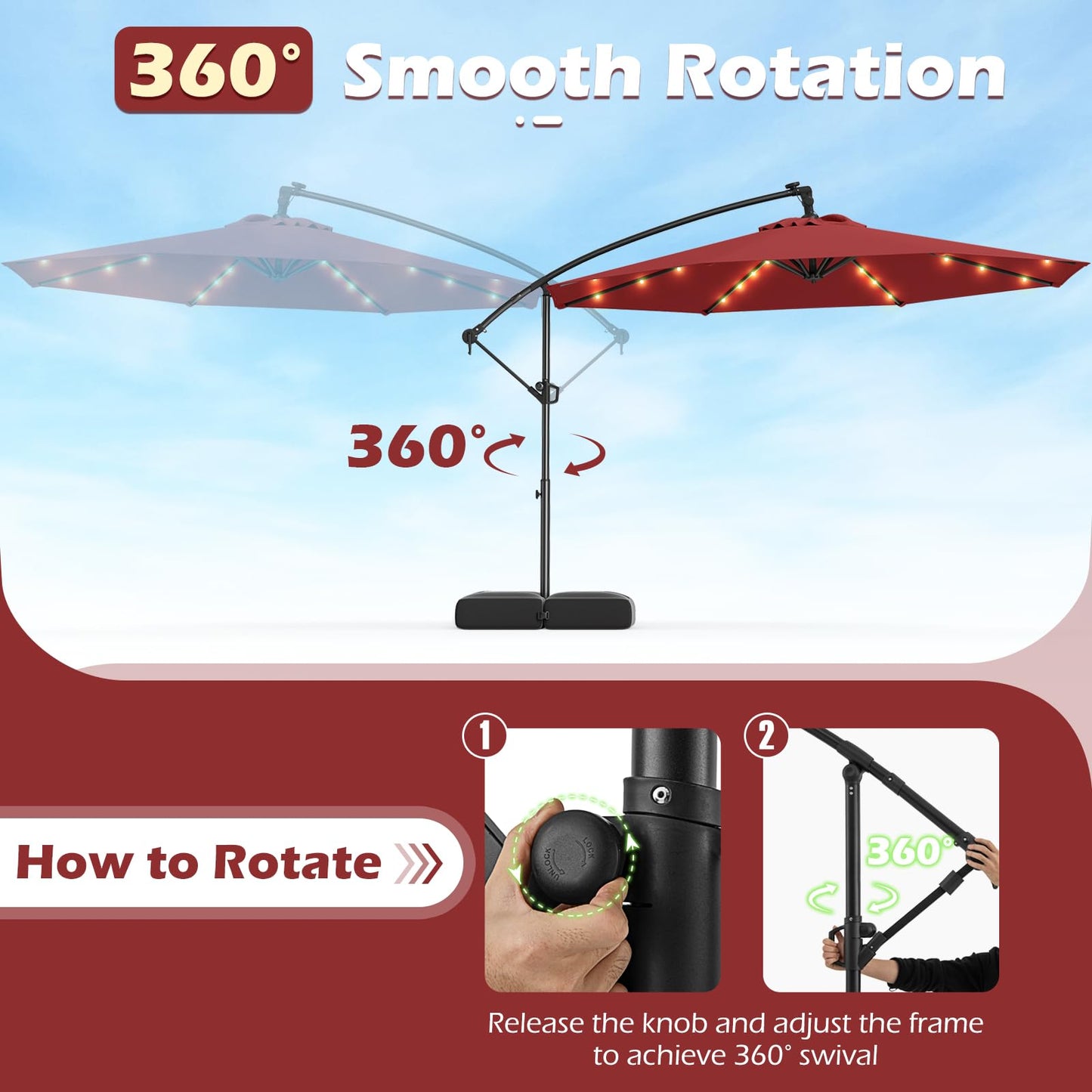 Tangkula 10ft Solar Patio Umbrella with Base Included, Offset Cantilever Outdoor Umbrella with 32 LED Lights, Infinite Tilt, 360 Degree Rotation, Crank Handle for Pool Deck Garden Backyard (Wine)