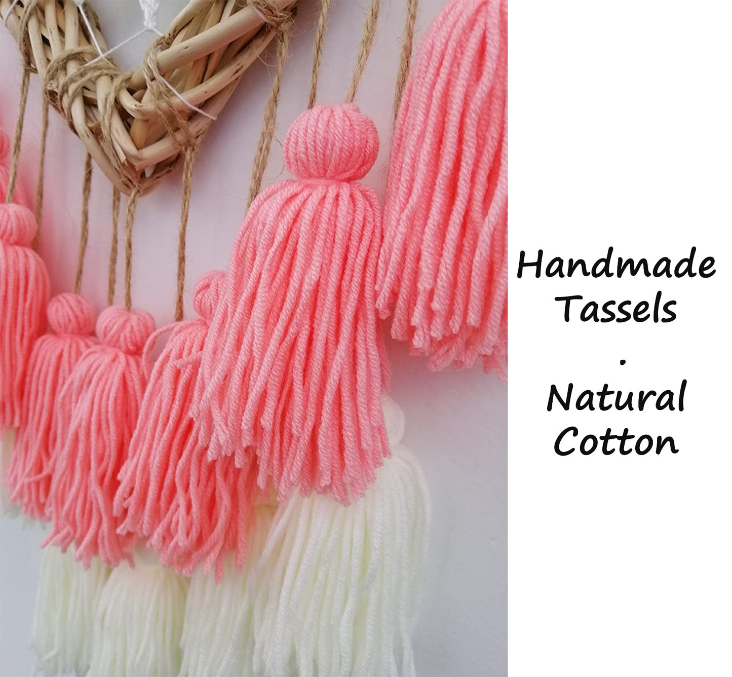 LVOPO Wall Hanging with Pink Tassels, Boho Baby Girls Room Wall Decor, Kids Nursery Decoration, Handmade Rattan Woven & Soft Cotton Cute Wall Art Backdrop, Chic Birthday Gift