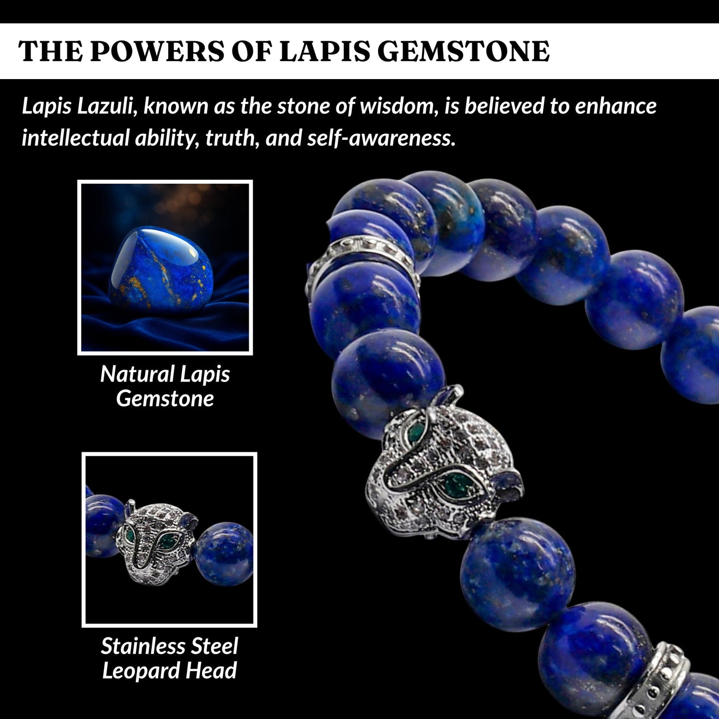 GT collection Men's Energy Bracelet with Gold Leopard Stainless Steel Bead, Adjustable Natural Gemstone Lapis Lazuli Bracelet for Men