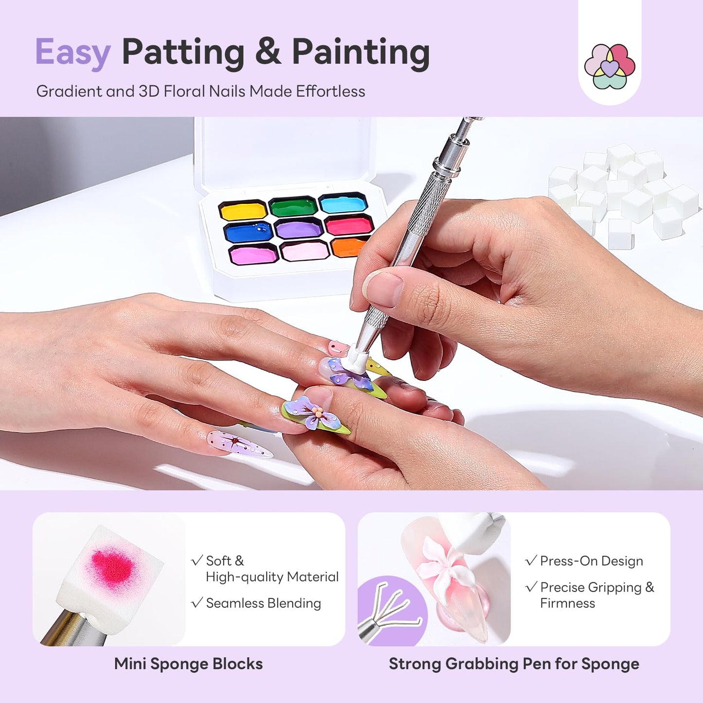 SAVILAND 3D Patting Gel Polish Kit: 9 Colors Pat Gel Polish Palette No-Wipe Blooming Gels Nail Polish 3D Nails Sculpting Gels with Flowers Shape Silicone Mold Sponges for Ombre Aura Nails Art DIY