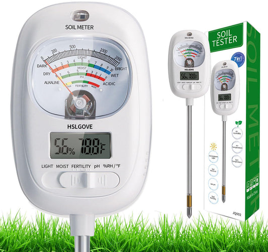 HSLGOVE Soil Test Kit, 7-in-One Soil Moisture Meter/Soil PH Meter/Fertility, Dual Screen Soil Tester w/Digital Soil Temp/Air Temp&Humidity for Plants Gardening,Lawn,Farm Indoor&Outdoor-Lvory White