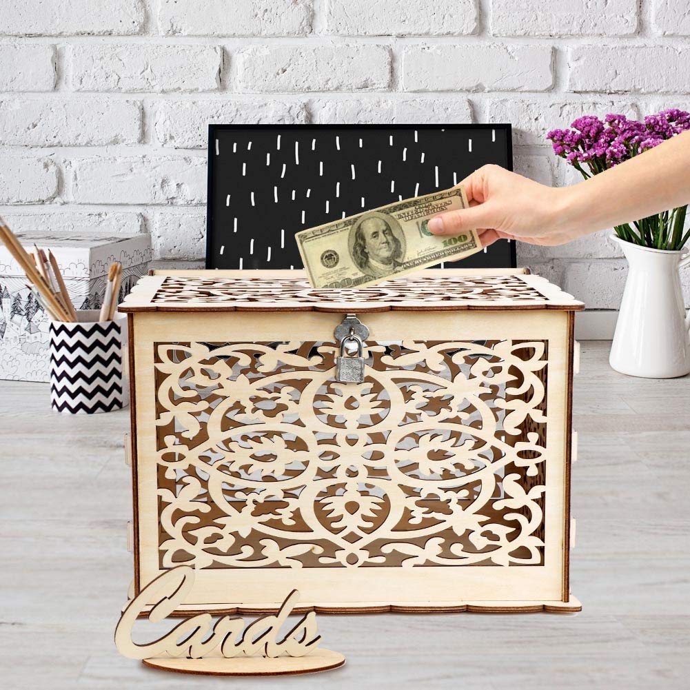 Funyear DIY Rustic Wedding Card Box with Lock, Wooden Gift Card Box Holder Graduation Card Box Money Box for Wedding Reception Deco, Baby Showers, Birthday Party Decorations