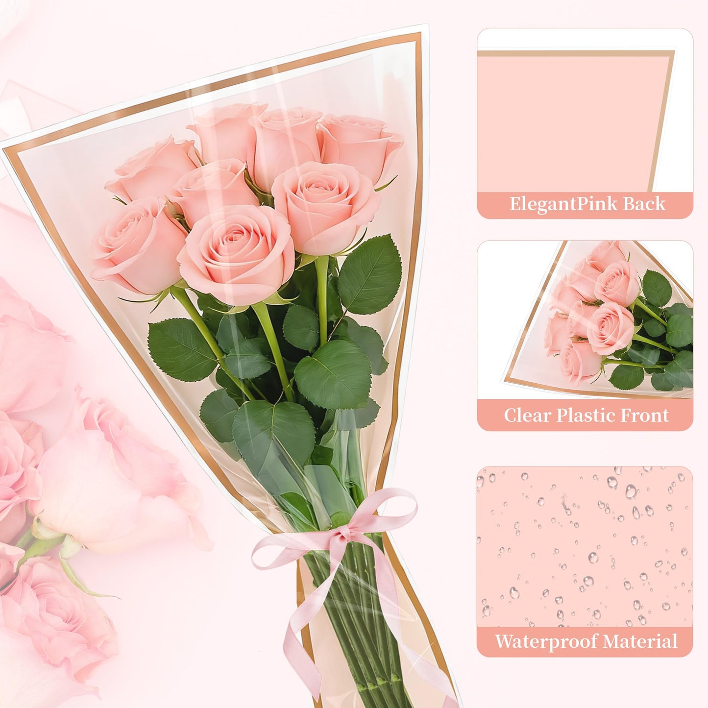 50 Sheets 18" x 11" Pink Flower Bouquet Wrapping Bags Plastic Paper Sleeves, Total 154Pcs RibbonsX3 Pruning ShearsX1 Card HolderX50 CardsX50 Floral Bouquets Bag for Flowers Bar Graduation Wedding