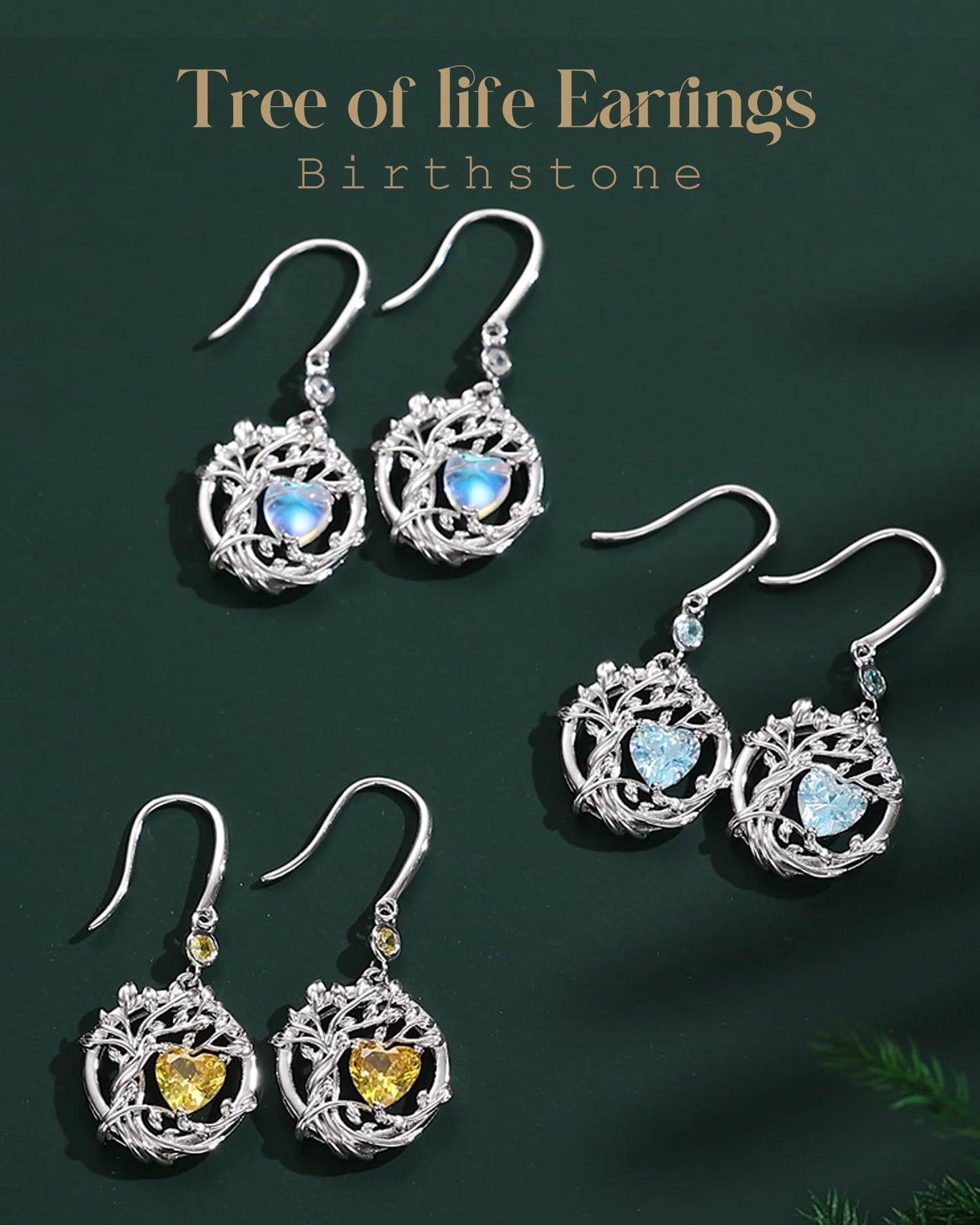 FANCIME Tree of Life Earrings 925 Sterling Silver Dainty Blue Aquamarine Dangle Drop Gemstone Earring March Birthstone Fine Jewelry Birthday Mothers Day Gifts for Wife Her Women
