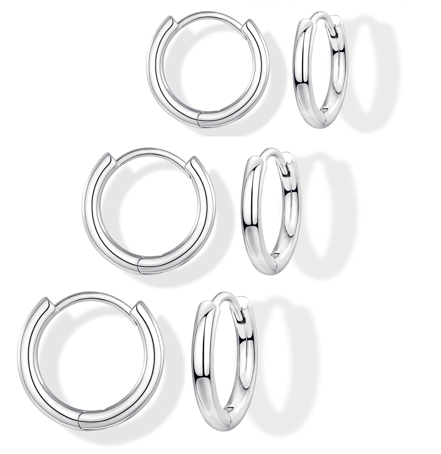 Gokeey Small Gold Huggie Hoop Earrings for Women 14K Gold Plated Lightweight Hoop Earrings Set for Women Hypoallergenic Earrings for Gifts(silver,6mm/6mm/6mm)