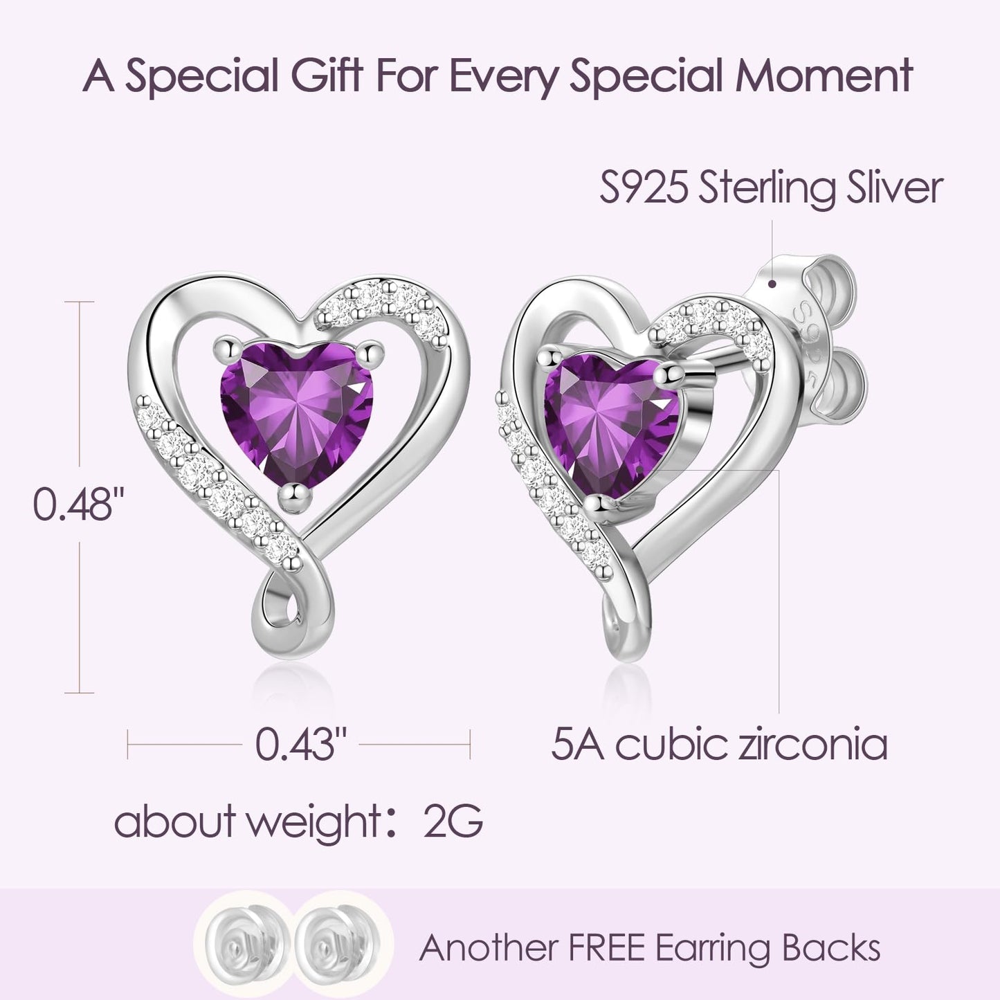 Zifeel Earrings for Women, 925 Sterling Silver Birthstone Heart Studs Earring for Girlfriend Wife, Anniversary Birthday Christmas Valentines Mother’s Day Gifts Jewelry for Women Wife Her Mom