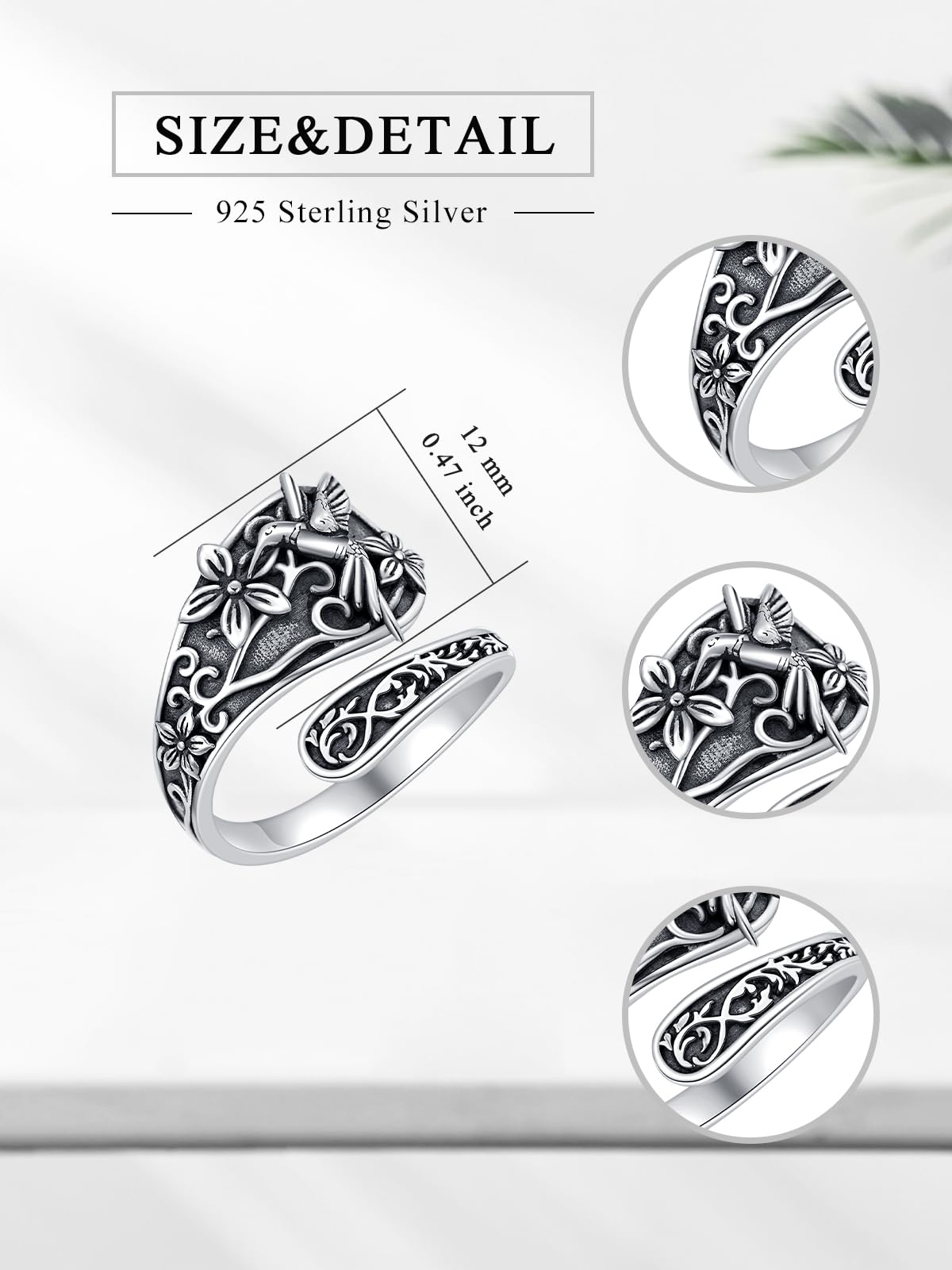 Midari 925 Sterling Silver Hummingbird Spoon Ring - Adjustable Open Thumb Ring for Women - Vintage Bird Jewelry for Hummingbird Lovers
