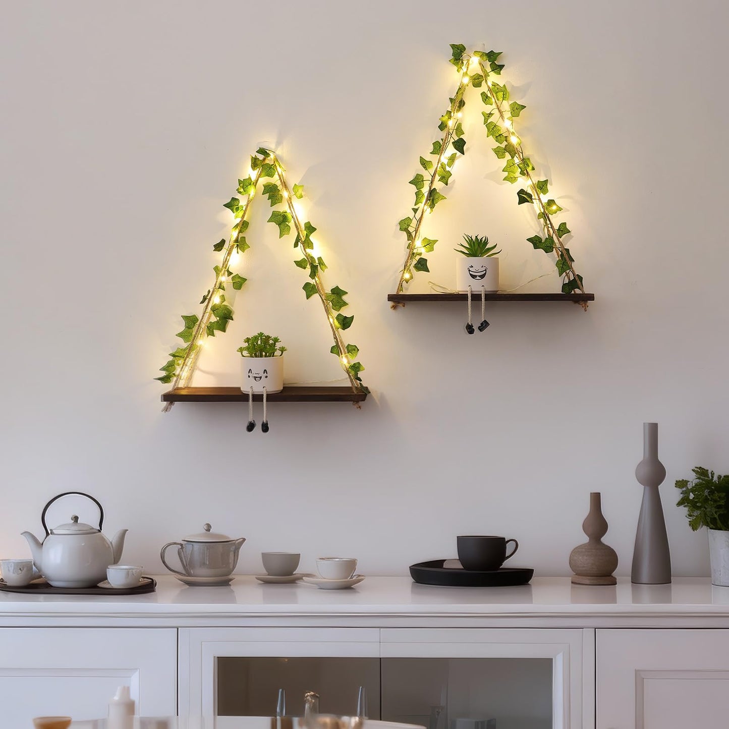 JOLAIQIAN Floating Shelves for Wall, Hanging Shelves with Artificial Ivy LED String Light, No Drilling Hanging Shelf, Wood Hanging Plant Shelves for Wall Décor, Boho Decor, Art Bedroom, Set of 2