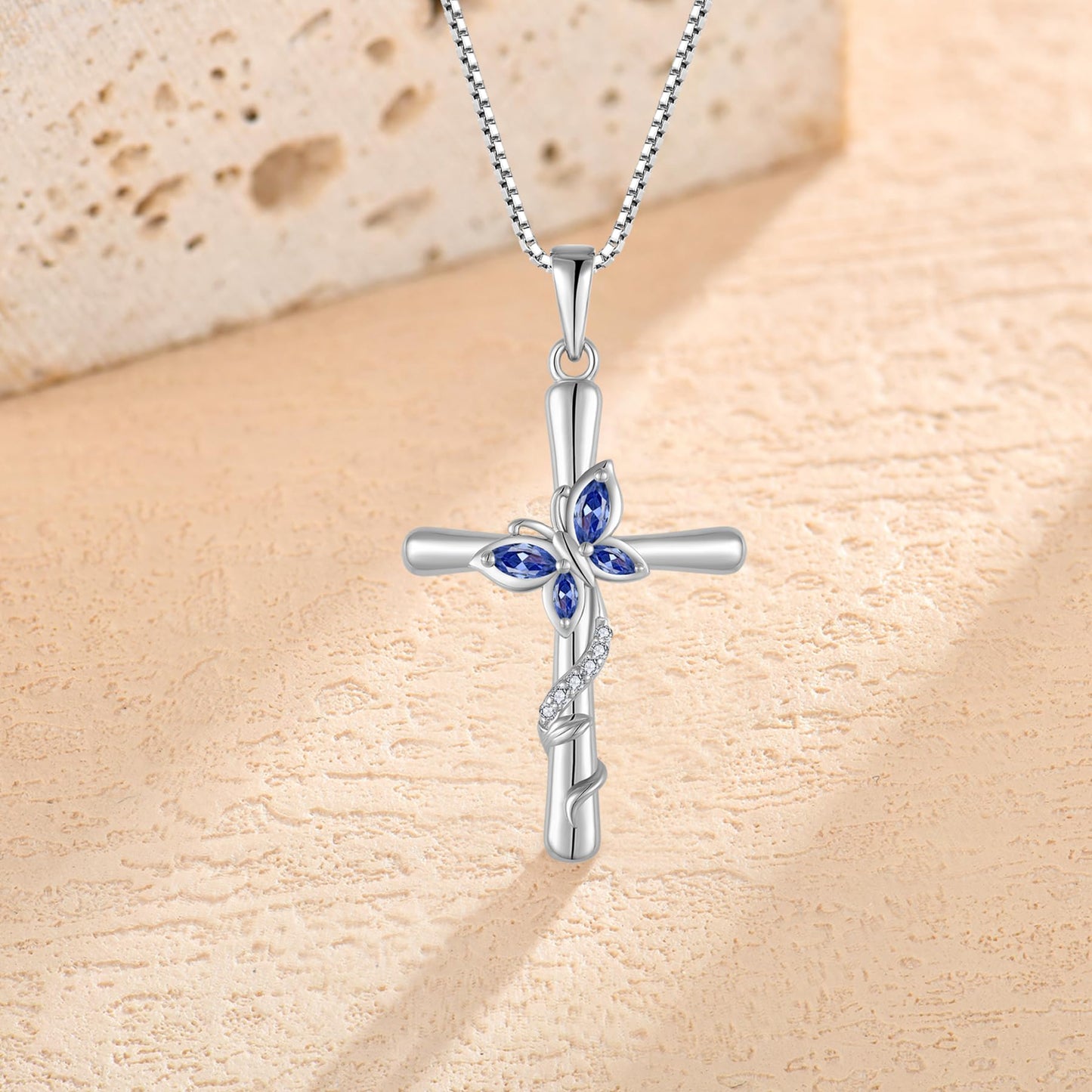 Blaniy Cross Necklace for Women 925 Sterling Silver Butterfly Necklace Tanzanite Pendant Necklaces December Birthstone Jewelry Gifts for Women