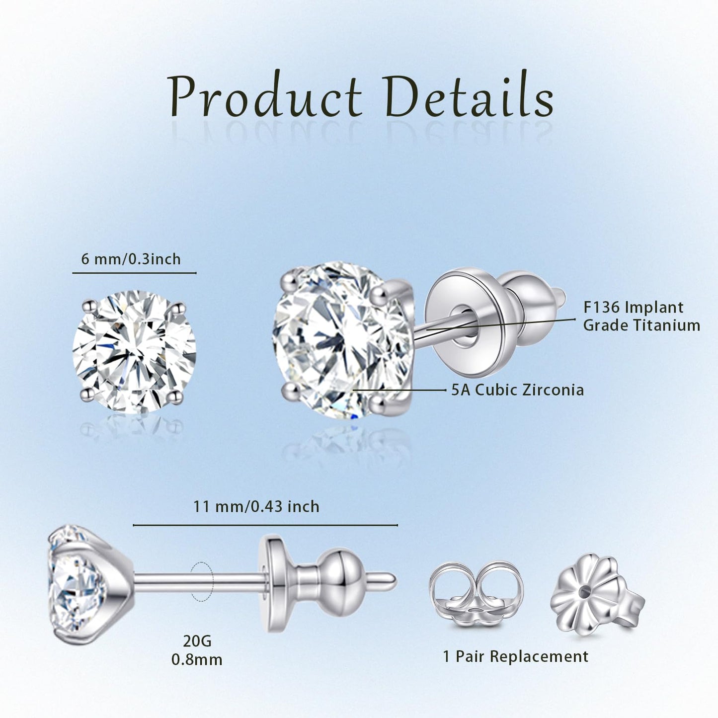 Limerencia G23 Pure Titanium Earrings F136 Implant Grade Titanium Studs 20G Hypoallergenic Round Cubic Zirconia/Princess-Cut/Square/Ball Earrings for Women Men Sensitive Ears(6mm Cubic Zirconia)