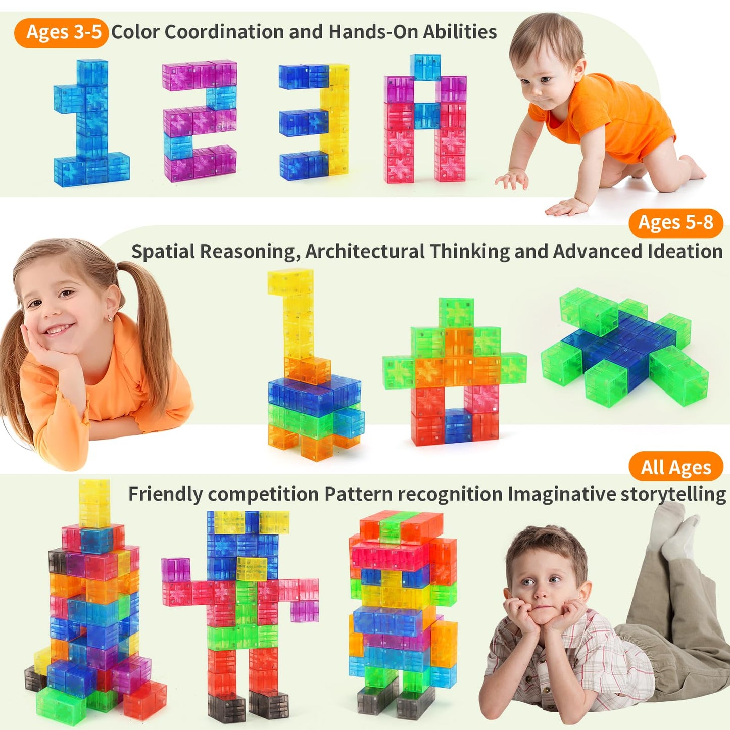 BananMelonBM 100 PCS Magnetic Blocks - Transparent Rainbow Magnetic Cubes Building Toys for Kids Ages 1-3 2-4 4-8, STEM Learning Preschool Educational Sensory Magnet Toys for Boys Girls