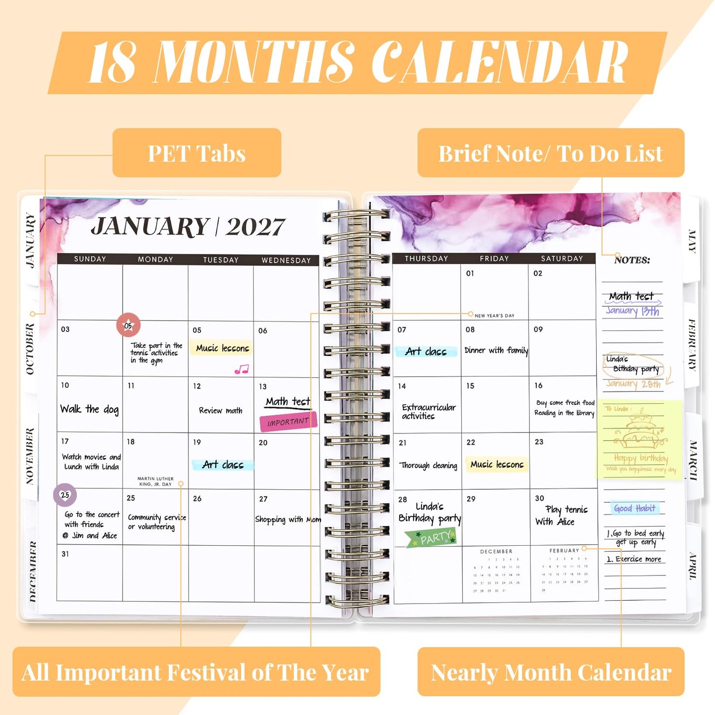 Planner 2026-2027, Large 18 Months Academic Daily Weekly Monthly Planner Yearly Agenda Jan. 2026–June. 2027, 7.9" x 9.8", Page Tabs, Separator Page, Pocket Folder, Bookmark, Stickers, Sticky Note Set
