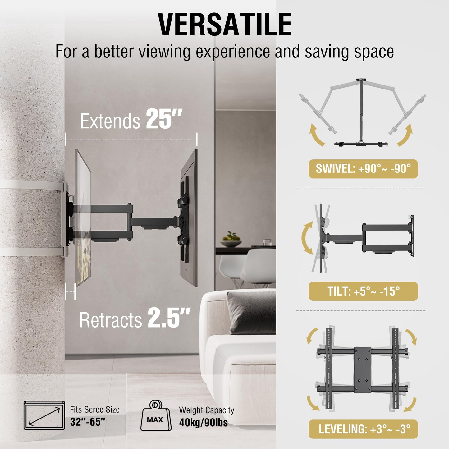 CondoMounts CLMTVA1044 Full Motion Large Pillar TV Mount | Column | Round & Square TV Post Mount | NO Drill | Holds 80lbs | Fits 32-in. to 70-in. TVs | Fits Pillars 8-in & Wider | White Strap