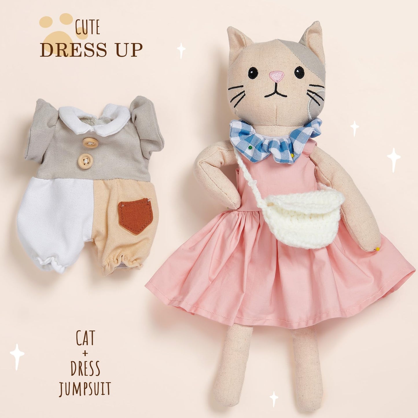 Golray Portable Dress Up Plush Doll Set with Storage Case, Cat & Dog Stuffed Animal Toys, Doll Clothes with Wooden Hangers & Suitcase Wardrobe Travel-Ready Toy Organizer, Gifts for Girls Ages 3+