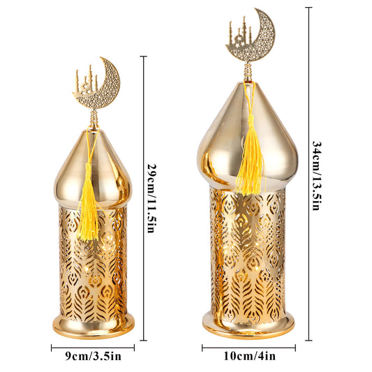TRIROCKS Ramadan Lanterns Set of 2 14" &12" Gold Electric Candle Holders with Timer, Metal Decorative Vintage Lanterns for Indoor/Outdoor Decor, Perfect EID Mubarak Gift