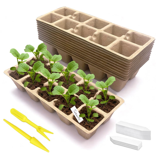 Kimdozee 120 Cells Seed Starter Tray, 12 Pack Germination Peat Pots with 100 Labels, Plant Starter Kit for Seedlings