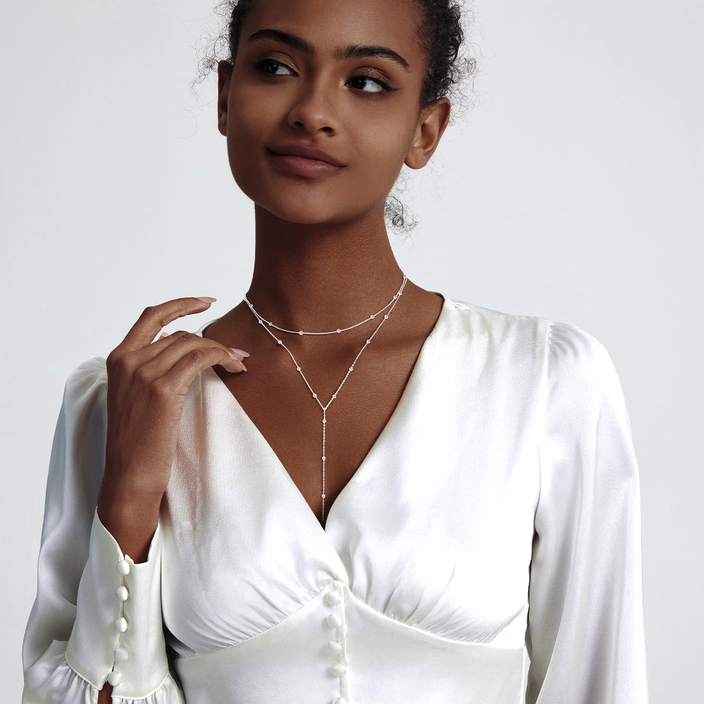 Zeffy Dainty Long Silver Necklaces for Women Trendy Lariat Y Necklace Layered Beaded Drop Necklaces Simple Y-Shaped Chain Jewelry Gift Wedding