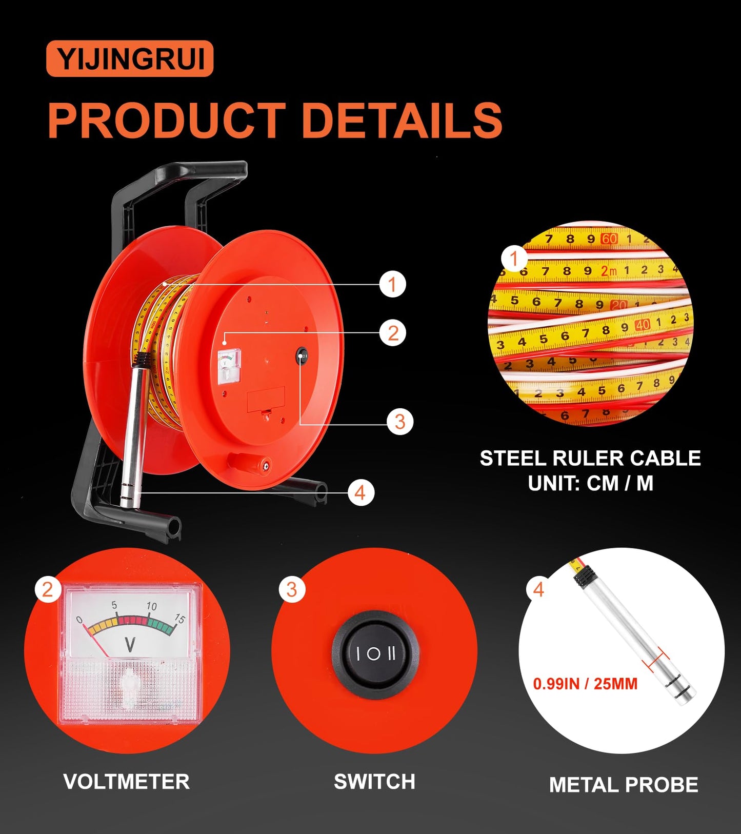 YJINGRUI 98ft/30m Water Level Meter, Water Well Measurement, Water Level Gauge with Fixed Probe and Steel Tape (Diameter 25mm Probe)