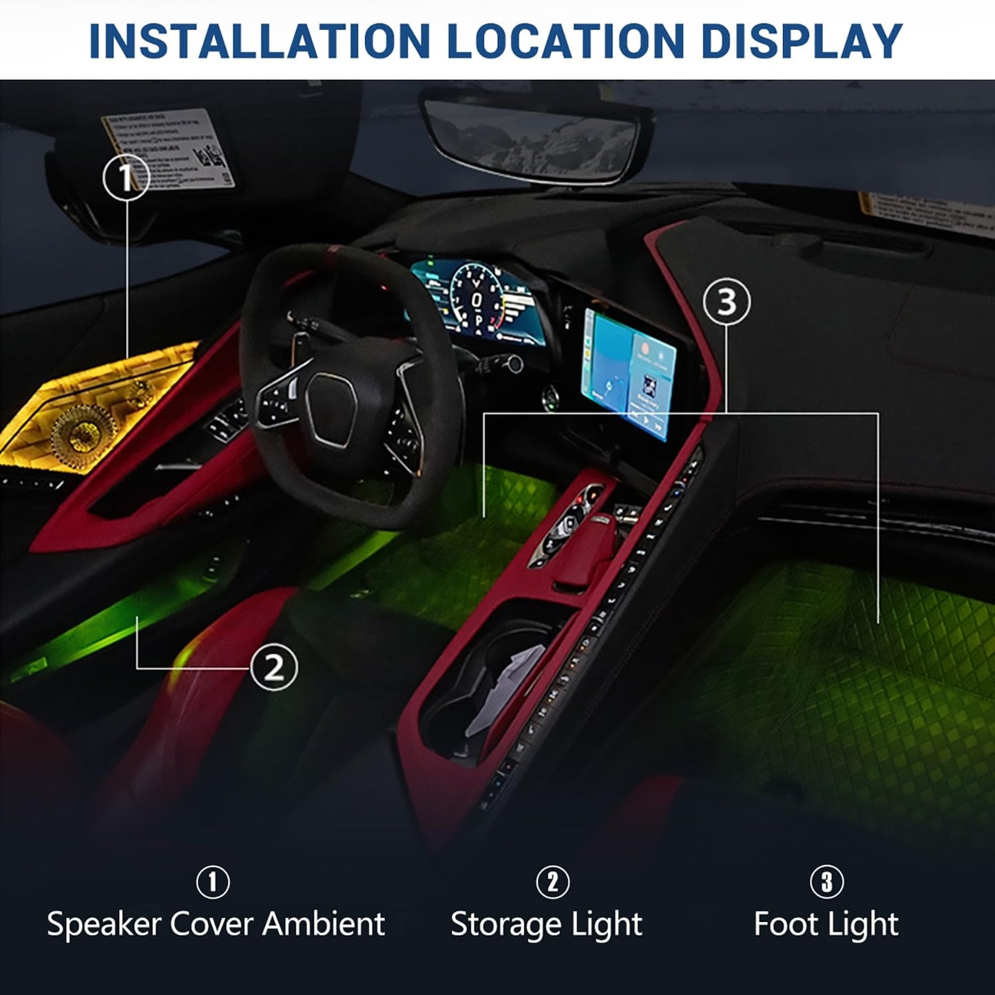 BILLFARO Door Speaker Relays Cover with LED RGB Ambient Light,Atmosphere Door Storage Box Lamps Foot Lights for Corvette C8 Stingray Z51 2020+ for Z06/E-ray 2023+,Voice APP Button Switch