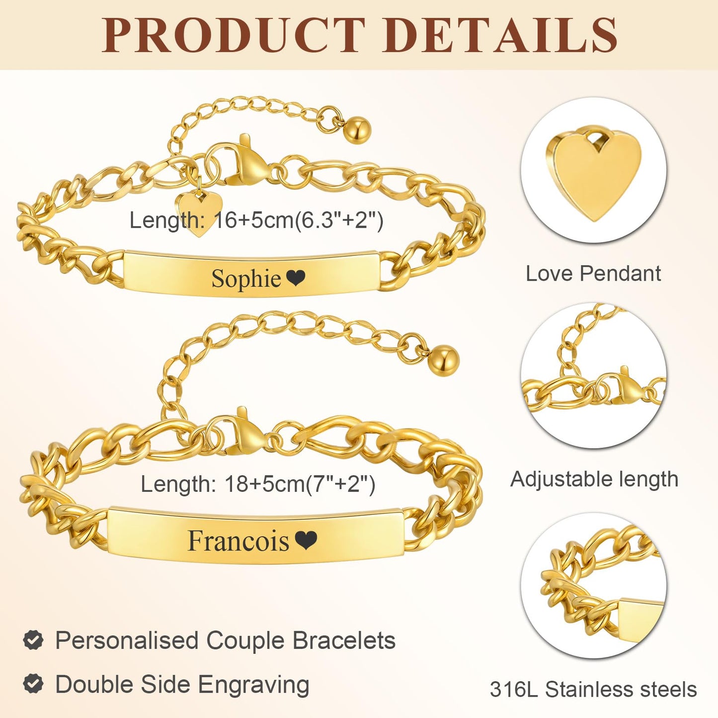 Personalized Matching Bracelet for Couple - Free Engraving Custom Couples Bracelets,Hypoallergenic Adjustable Stainless Steel Long Distance Relationship Jewelry,Promise Bracelet Gifts for Him and Her