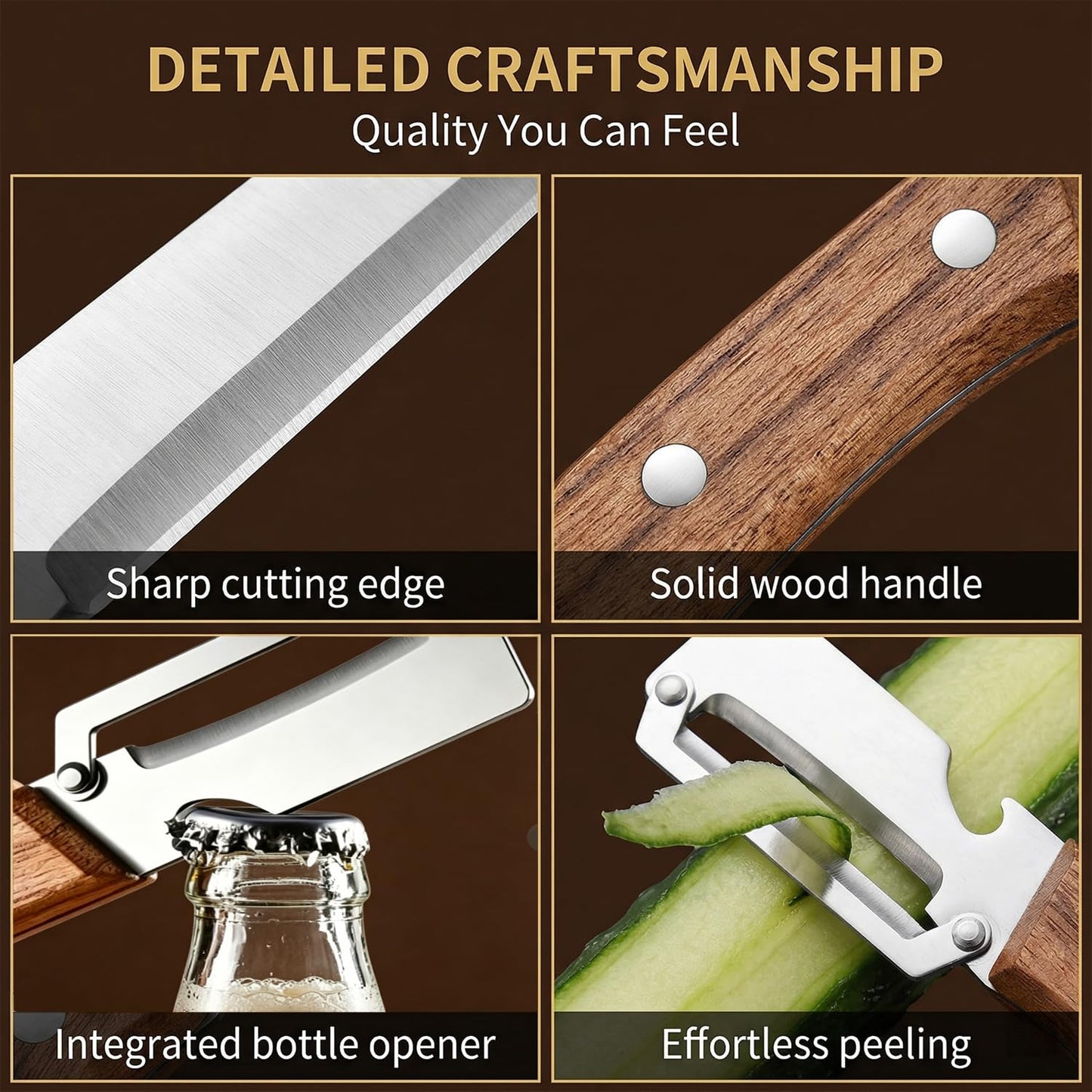 MultiFunctional Vegetable Peeler for Kitchen, Vegetable Peeler with Wooden Handle and Bottle Opener, 2-in-1 Stainless Steel Kitchen Peelers for Fruit Veggie Apple Potato Pumpkin Papaya(2PCS)