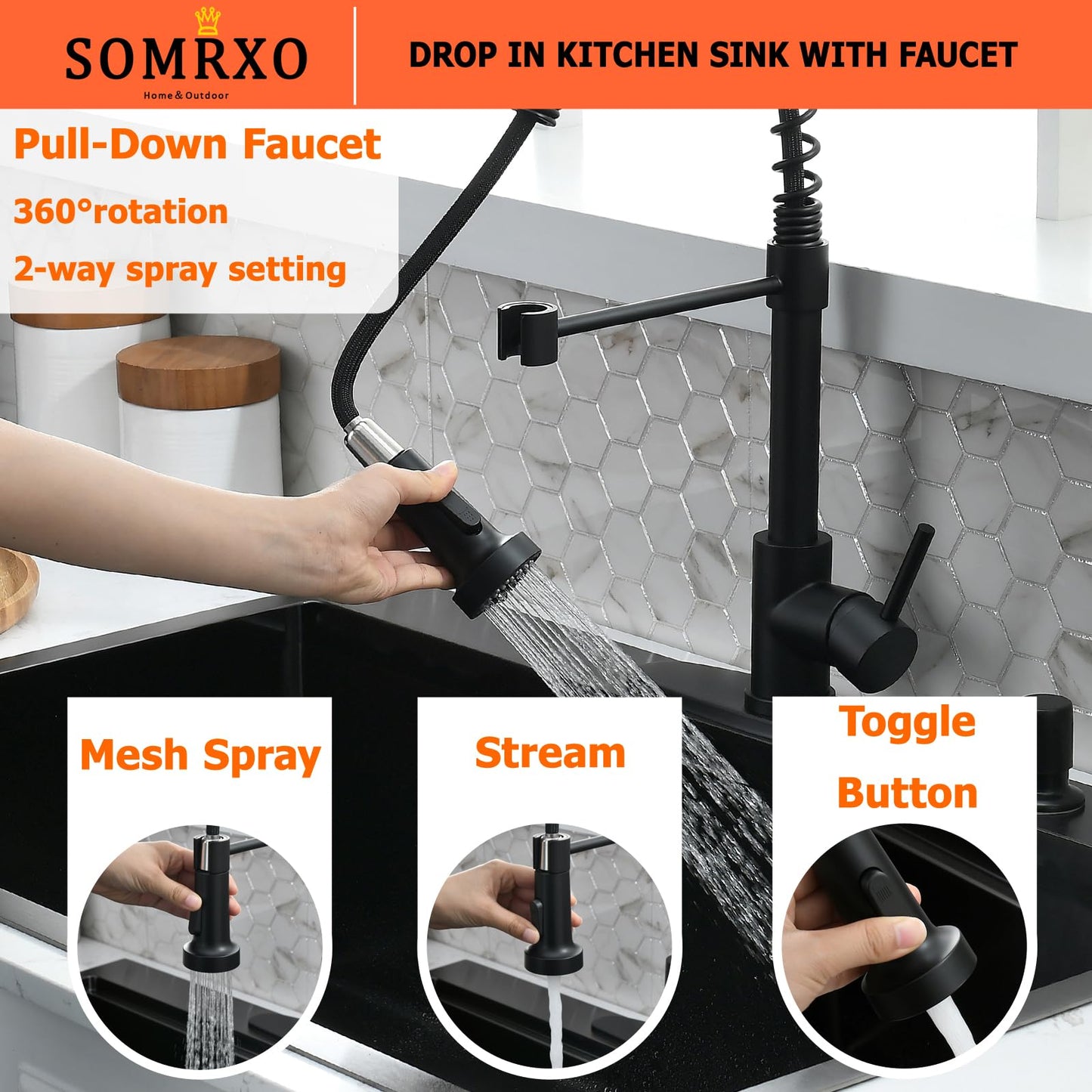 SOMRXO 33x22 Drop In Kitchen Sink and Faucet Combo Set, Black Stainless Steel Kitchen Sink with Cup Washer,9 Inch Deep Single Bowl with Accessories, Heavy-Duty & Easy-Clean Design