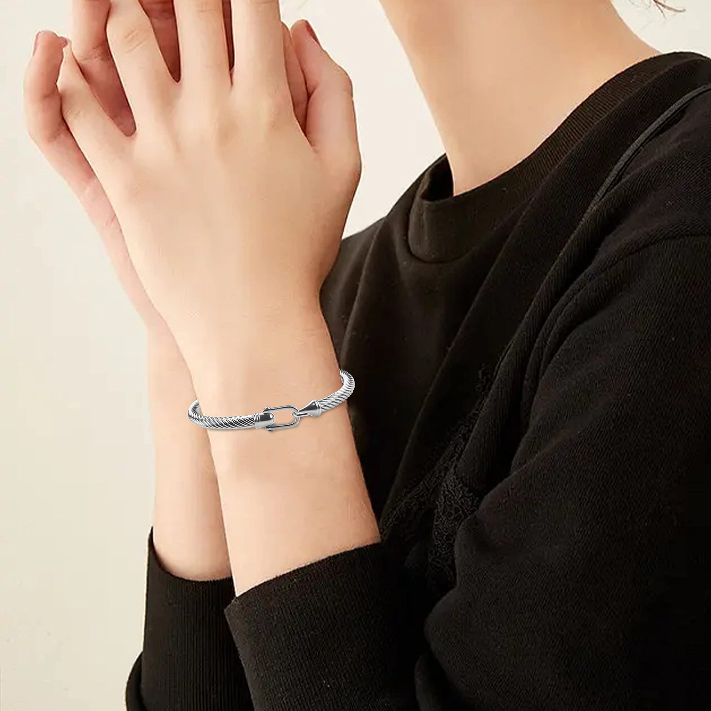 HX SHARE Twisted Cable Bracelet Stylish Fine Stainless Steel Cable Cuff Bracelet with Hook Clasp Bracelets Jewelry for Women