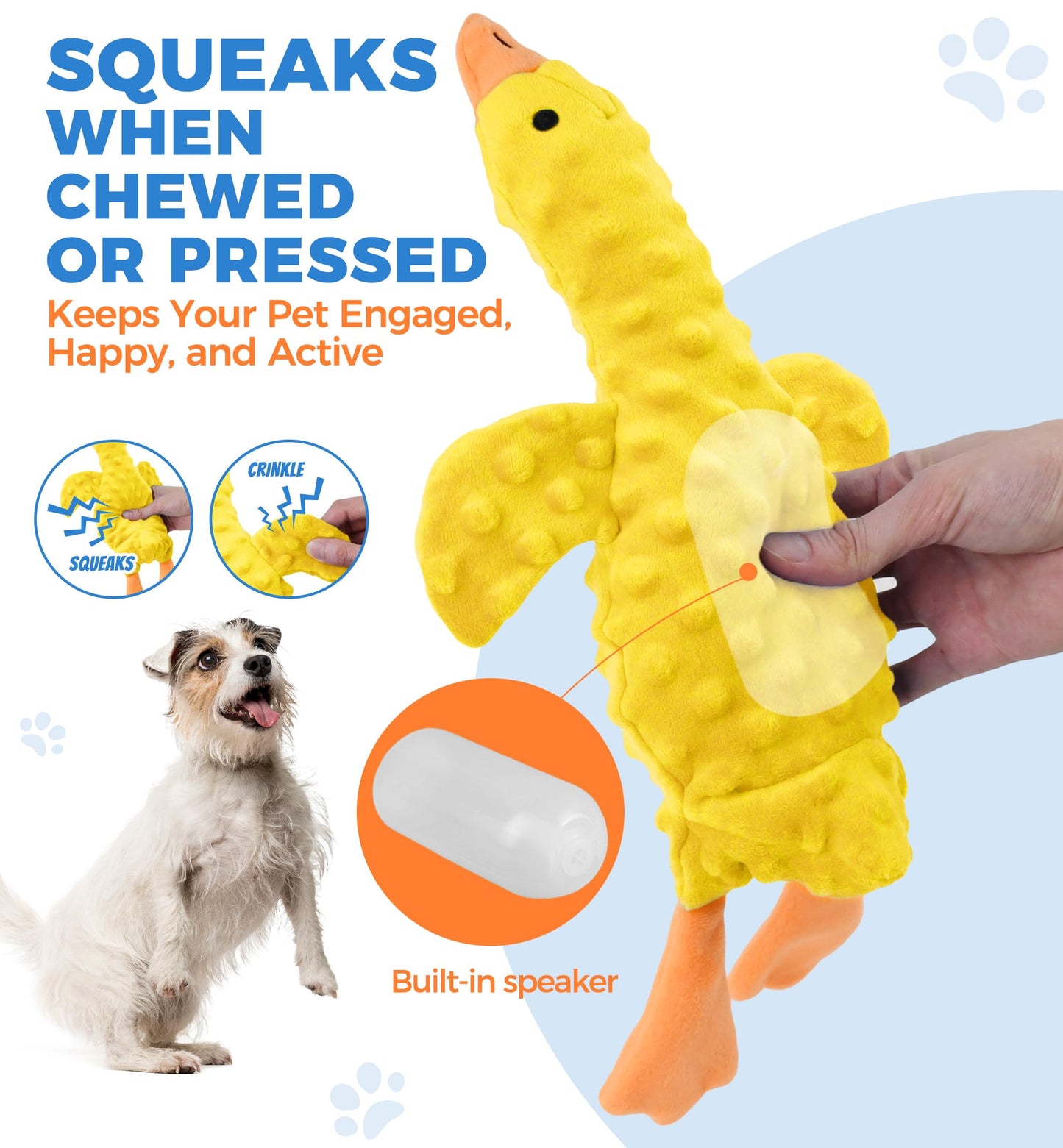 IPTPAS Squeaky Plush Dog Toy for All Breeds, Multifunctional Goose Dog Toy with Honking Sound, Crinkle Paper, Treat Pocket, Durable Soft Stuffed Animal for Chewing, Cuddling, Interactive Play (Yellow)