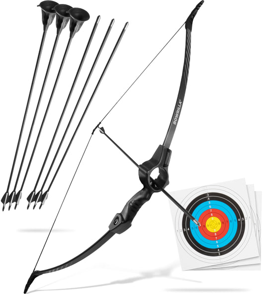 BOWRILLA® Bow and Arrow for Kids Ages 6+ | Beginner Archery Set with Aim Guide, 6 Carbon Hybrid Arrows & 3 Targets | 3-Piece Take-Down Recurve Youth Bow for Left & Right Handers