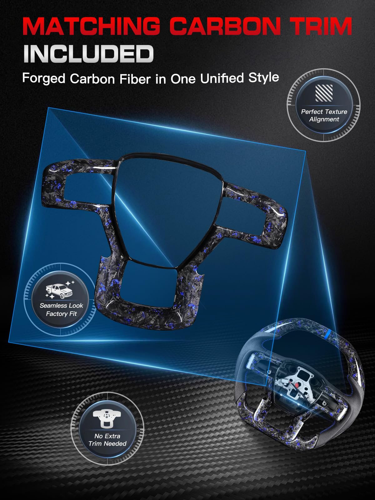 TESFEEL Heated Forged Carbon Fiber Steering Wheel for Ford F150 Raptor 2017-2020 (Gen 2), Double D-Shape Design, Blue Foil Accents with Matching Trim, Blue Stripe&Stitching, Fits Paddle Shifter Models