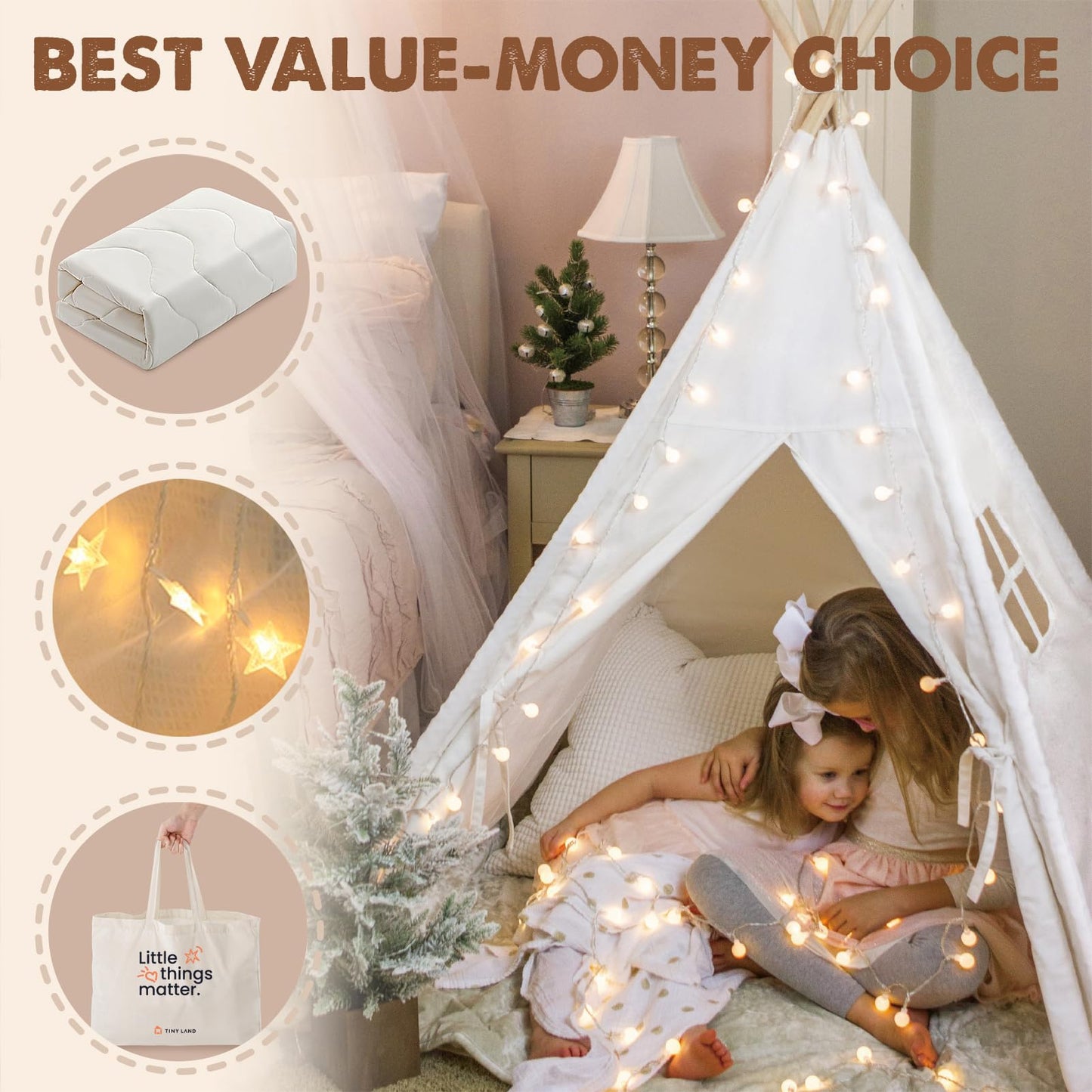 Tiny Land Teepee Tent for Kids – 100% Cotton Play Tent with Padded Mat & Star Lights, Foldable with Carry Bag, Indoor Play Tent for Girls & Boys