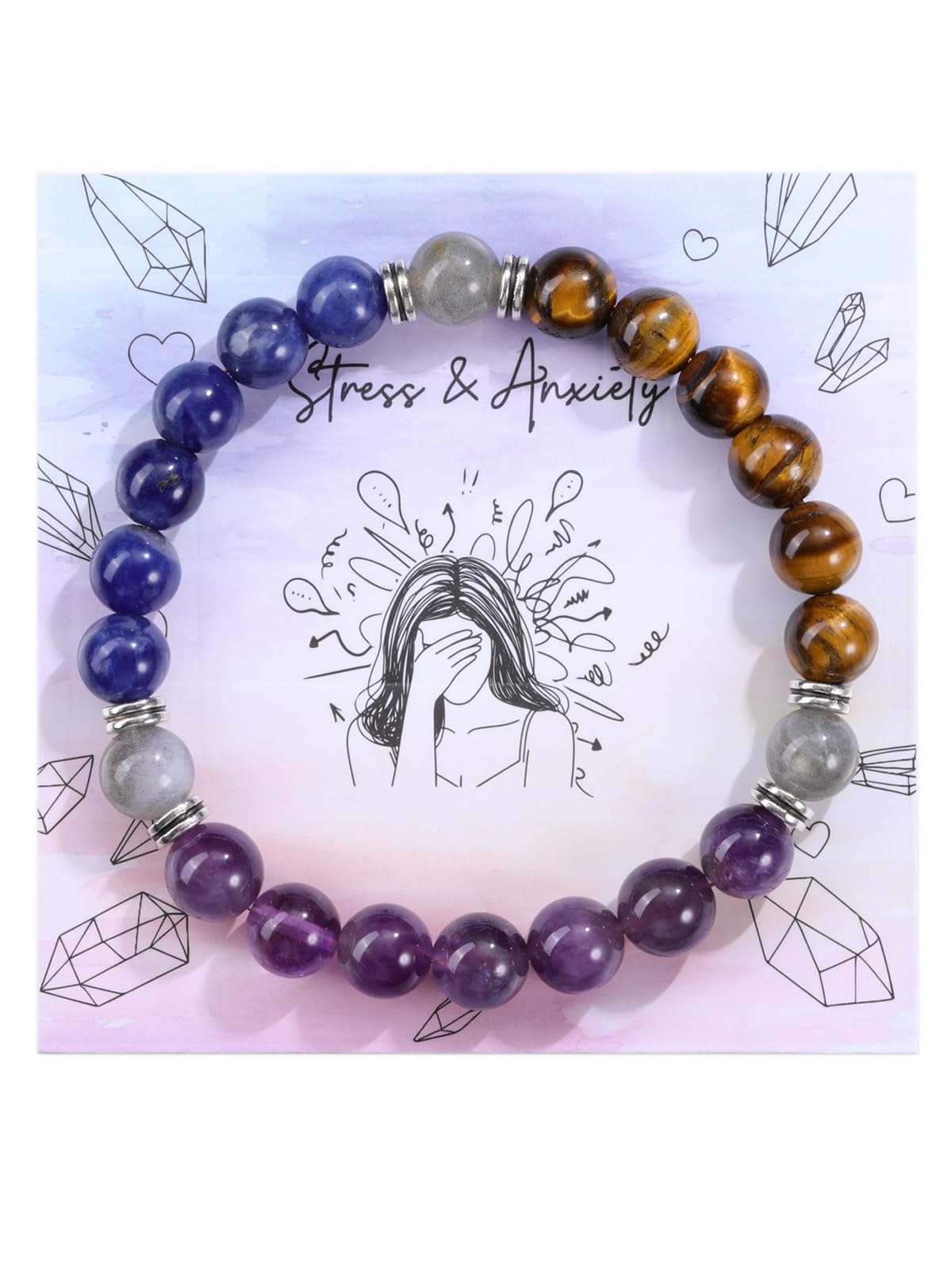 Jovivi Healing Crystal Beaded Bracelet for Women Anxierty Relief Natural Amethyst Sodalite Tiger Eye Yoga Beads Chakra Bracelet Handmade Triple Protection Good Luck Jewelry Gift