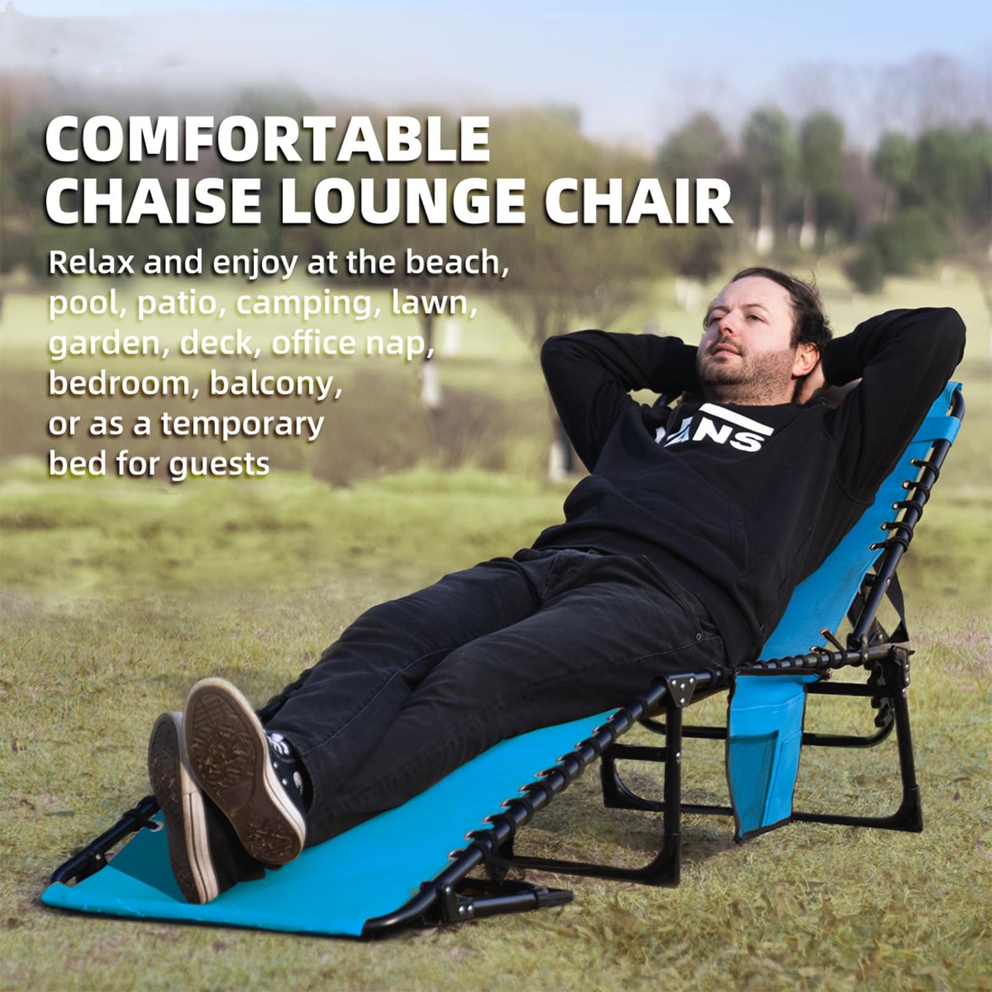 Foristrail Folding Chaise Lounge Chair Bed - Heavy-Duty 400lb Capacity Portable Adjustable Recliner w/Pillow for Patio, Pool, Camping, Sunbathing - Lay Flat Design (Blue)