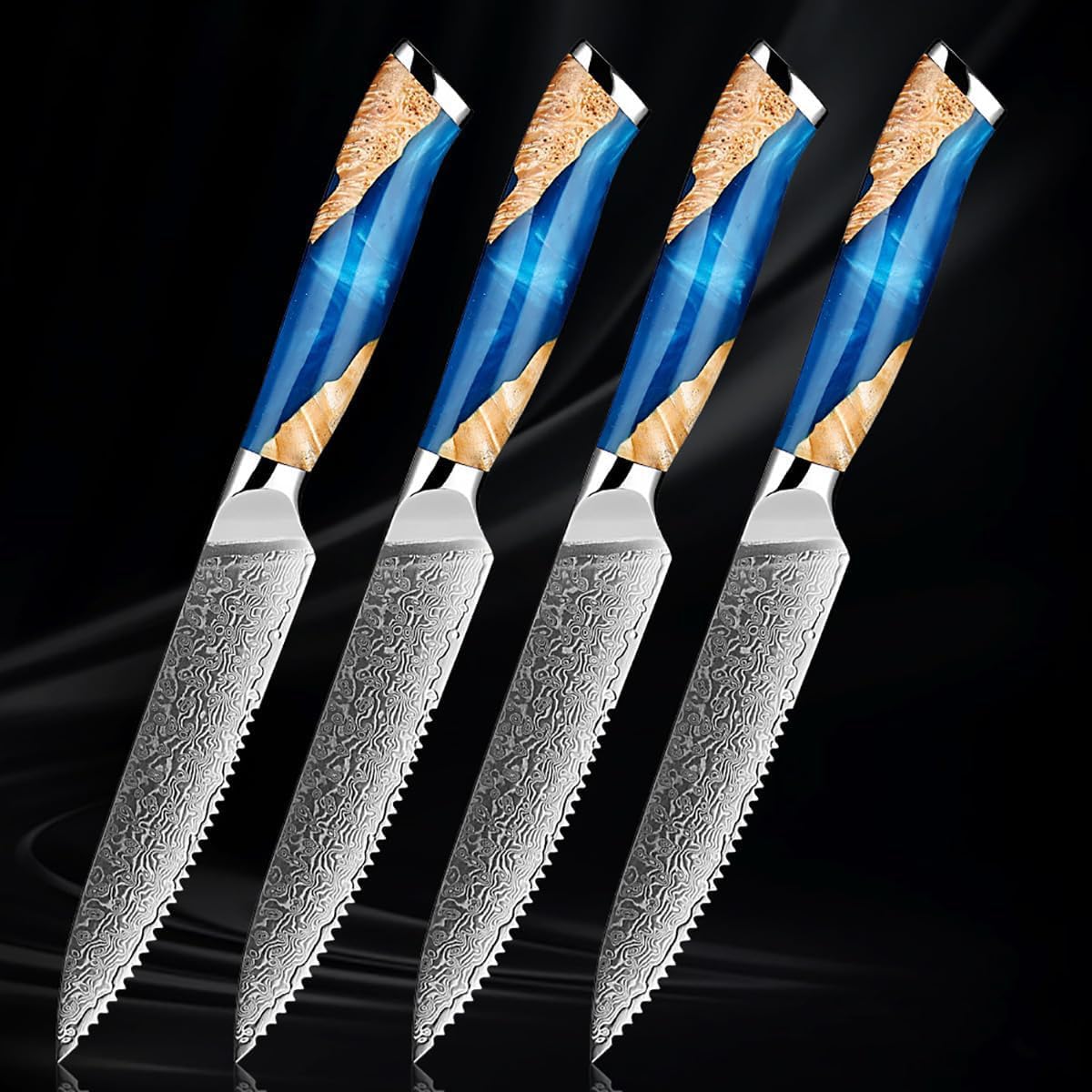 ZILNEHZ Damascus Steel Steak Knife, Resin Wood Handle, Stainless Steel Western Style Steak Knives of 4, Kitchen Serrated Set Knife Slicing & Cutting