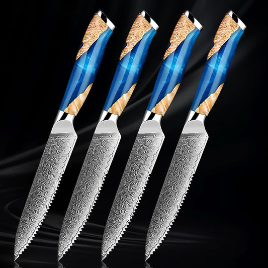 ZILNEHZ Damascus Steel Steak Knife, Resin Wood Handle, Stainless Steel Western Style Steak Knives of 4, Kitchen Serrated Set Knife Slicing & Cutting