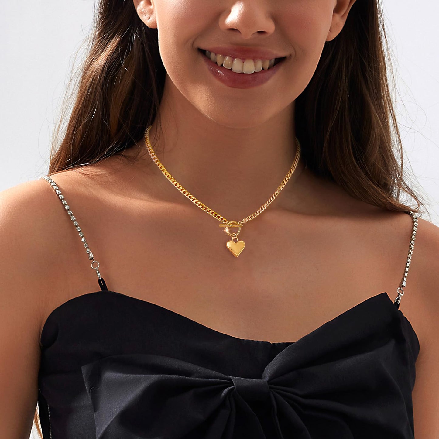 Zeffy Gold Chunky Puffy Heart Necklace Big Heart Chain Link Necklace Toggle Clasp Heart Charm Necklaces Birthday for Women Jewelry
