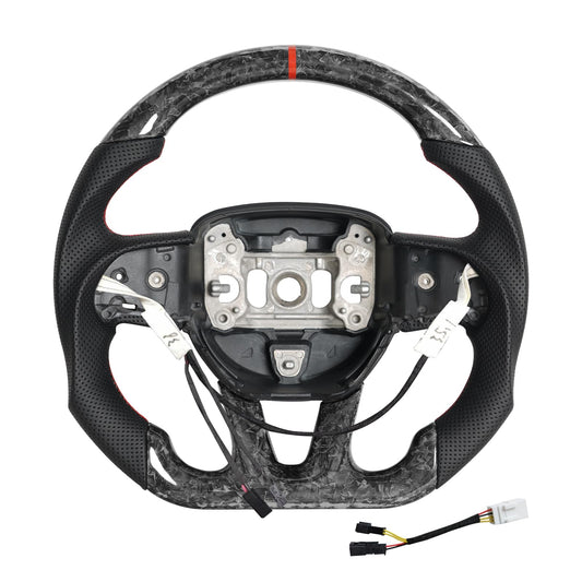 JIANGGAI D-shaped Flat-bottom Steering Wheel with Heated, Preforated Leather Grip Forged Carbon Fiber Steering Wheel Compatible with Dodge Challenger/Charger 2015-2024
