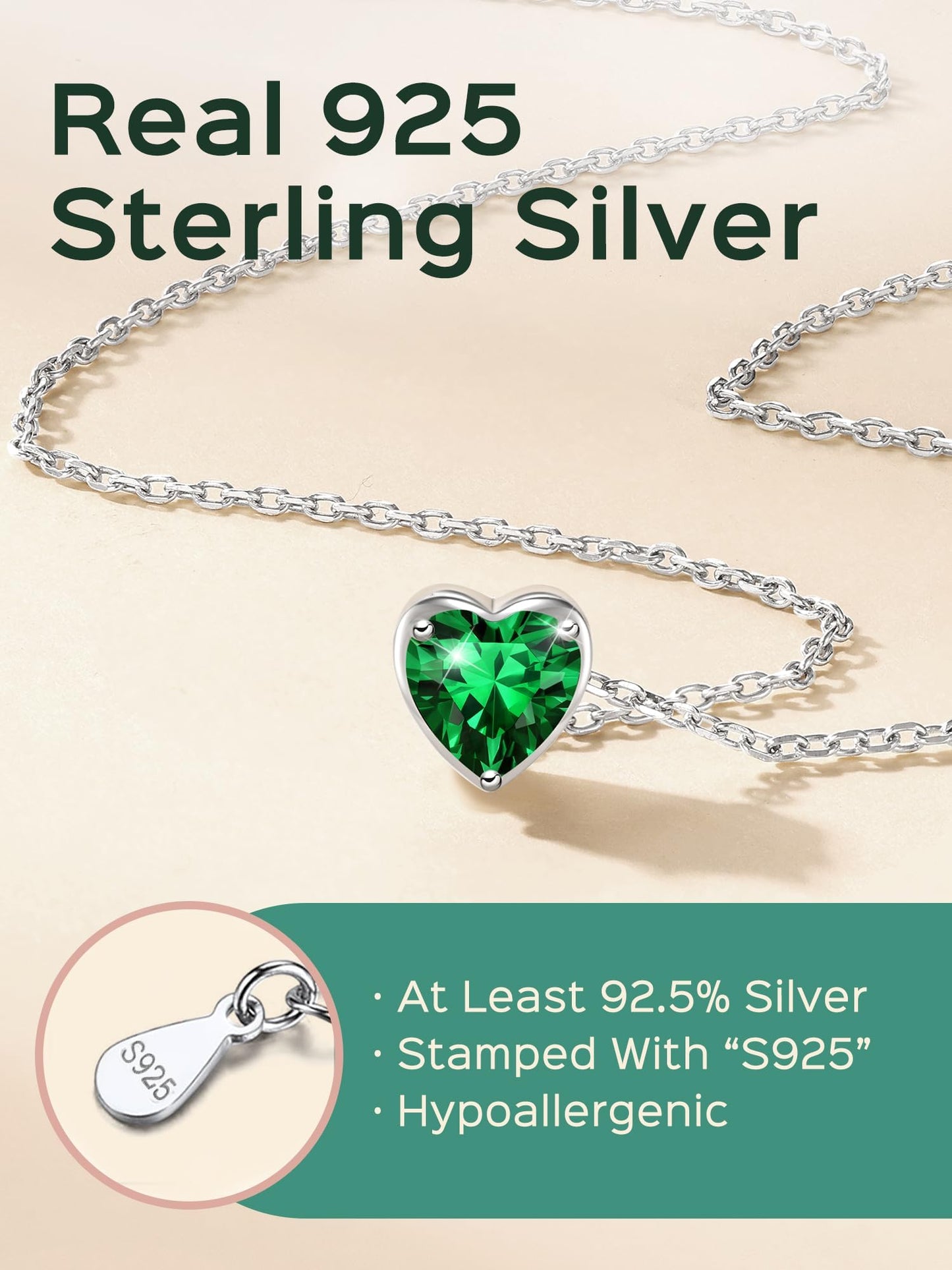 ChicSilver Emerald Necklace May Birthstone Necklace for Women Love Heart Necklaces Green Stone Necklaces for Women