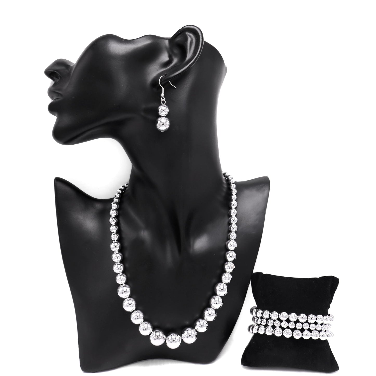 Cryshimmer Silver Bead Necklaces Earring Bracelets for Women Handmade Beaded Strand Collar Necklace Costume Jewelry Set (Silver Plated)
