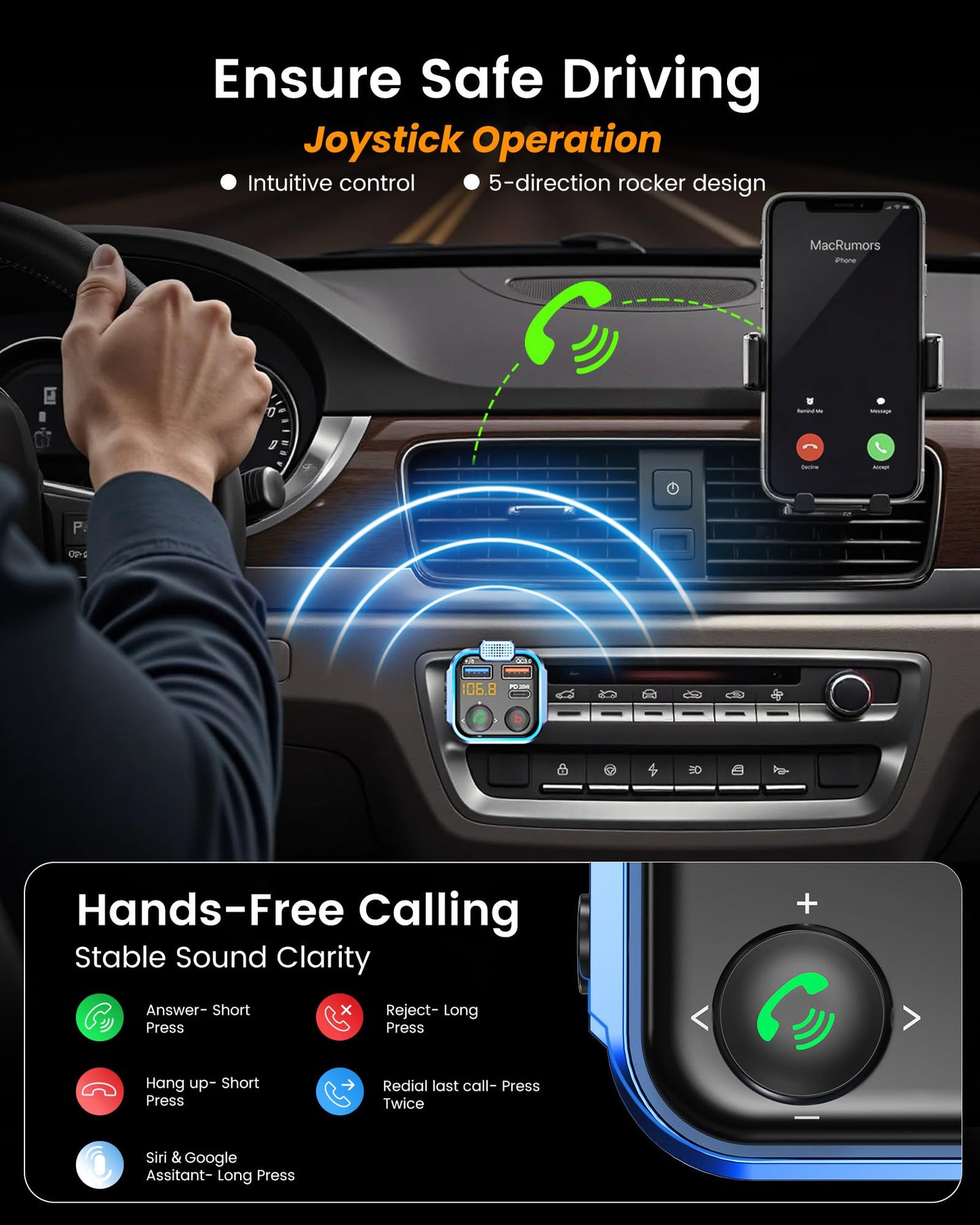 LENCENT FM Transmitter in-Car Adapter, Type-C PD 20W+ QC3.0 Fast USB Charger, Wireless Bluetooth 5.3 Radio Car Kit, Hands-Free Calling, MP3 Player Receiver Hi Fi Bass, Support U Disk