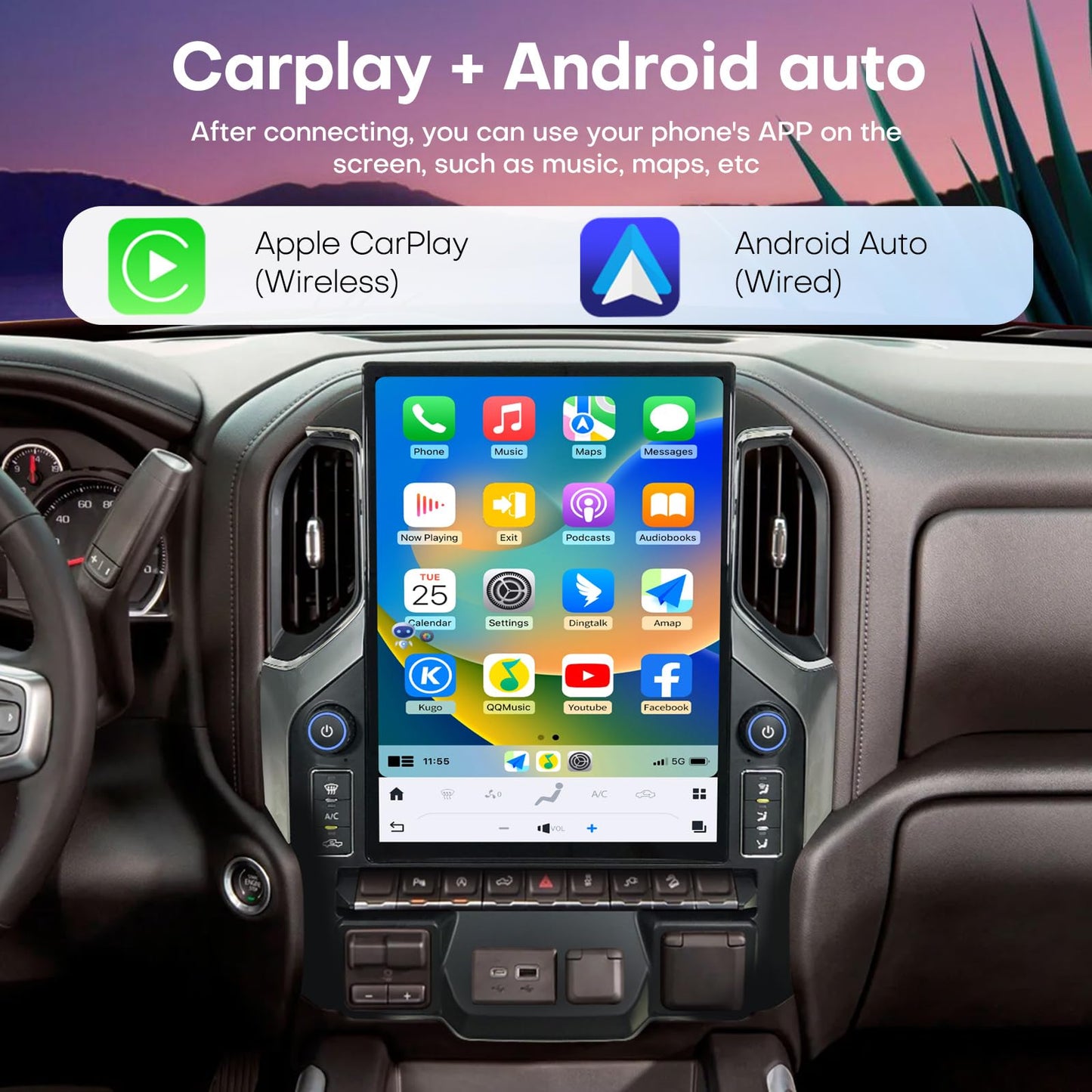 Qualcomm Car Radio for Chevrolet Silverado GMC Sierra 2019 2020 2021 2022 2023 Upgrade Stereo Replacement Android 13 Carplay Android Auto 15.6 Inch 2K IPS Touch Screen Tesla Style Head Unit