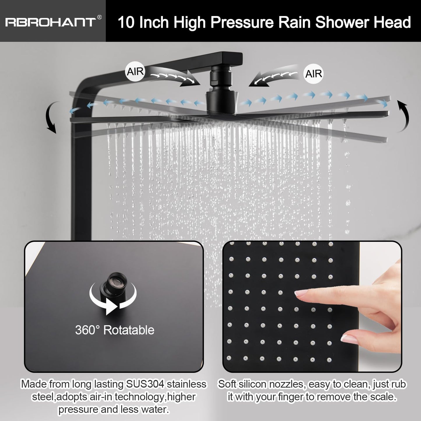 RBROHANT 3 Functions Exposed Shower System, Matte Black Exposed Shower Faucet Set, 10 Inch Rain Shower Head with Handheld and Tub Spout,Shower Height Adjustable, Wall Mounted