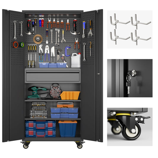 Reemoon 71" H Garage Storage Cabinet with Wheels and Doors,Metal Tool Storage Cabinet with Pegboard and Drawer for Garage Warehouse Home,Required Assembly,Black